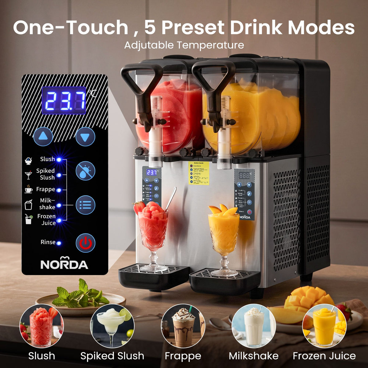 Dual Tank Slushie Machine 2x4L with 5 Drink Modes and Digital Controls