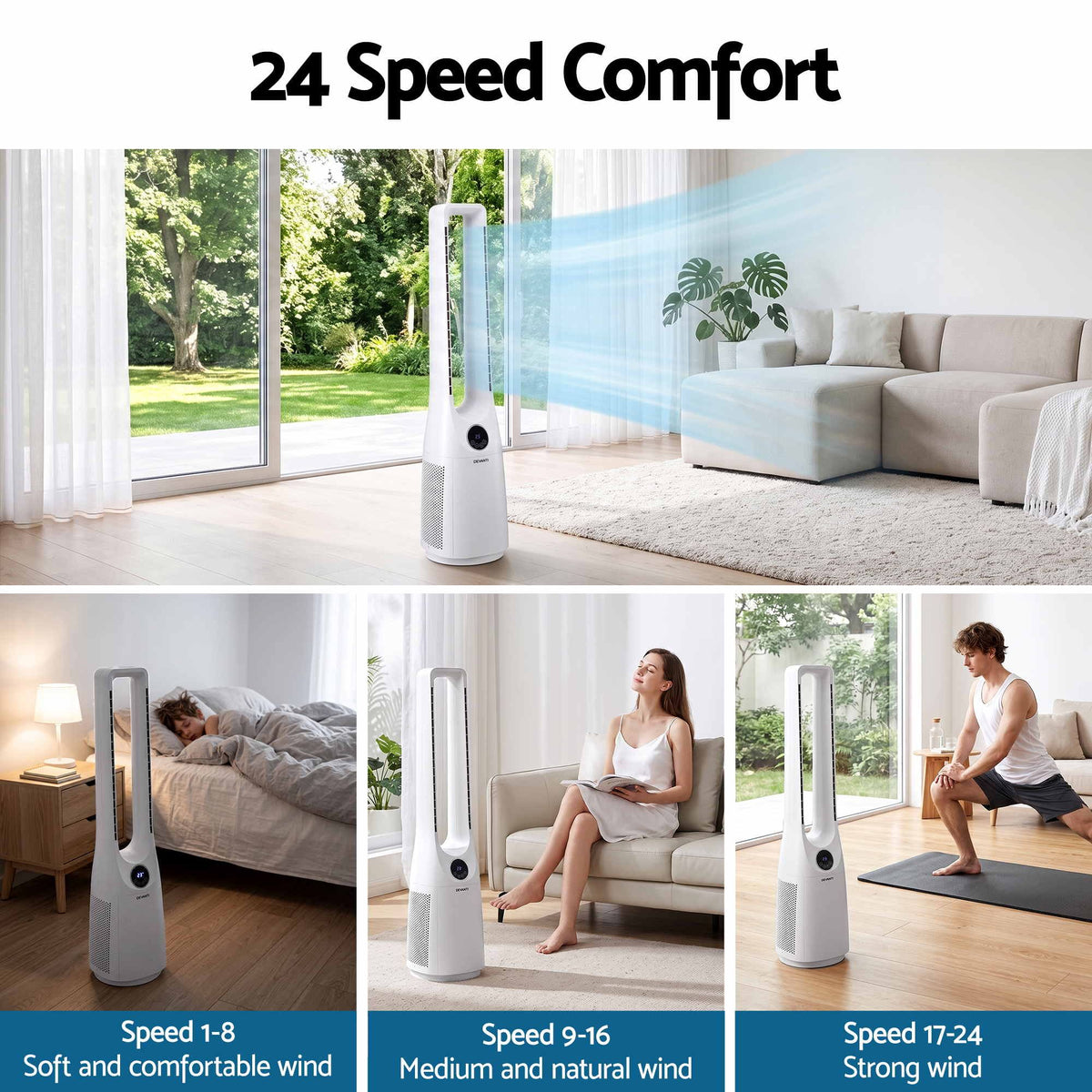Bladeless Tower Fan 100cm 2-in-1 Cooling Airflow Purifier with Remote Control