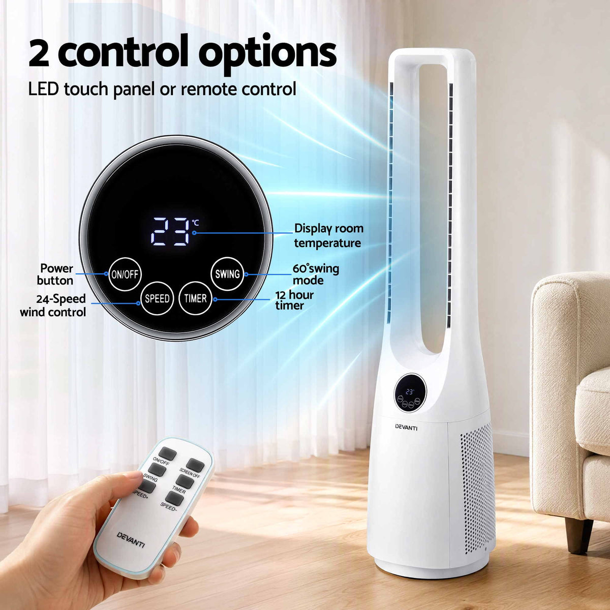 Bladeless Tower Fan 100cm 2-in-1 Cooling Airflow Purifier with Remote Control