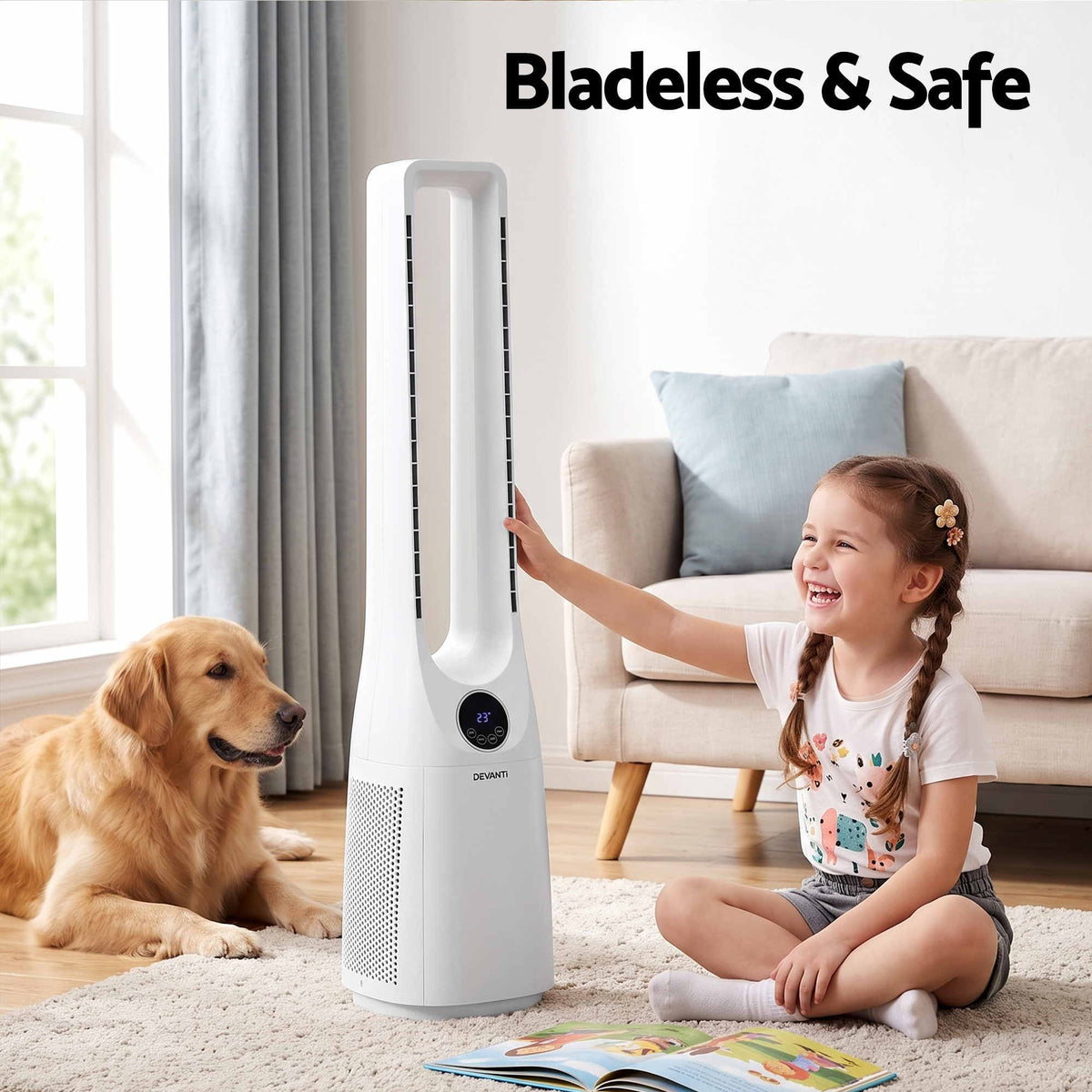 Bladeless Tower Fan 100cm 2-in-1 Cooling Airflow Purifier with Remote Control