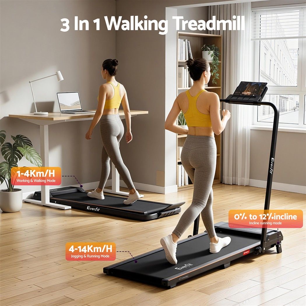 3 in 1 Walking Pad Treadmill 12% Incline Foldable Under Desk Treadmills for Home Gym With 40cm Wide Belt Black
