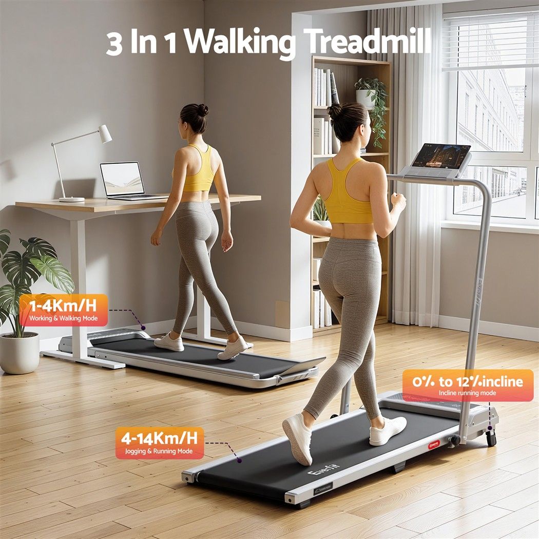 3 in 1 Walking Pad Treadmill 12% Incline Foldable Under Desk Treadmills for Home Gym With 40cm Wide Belt Silver