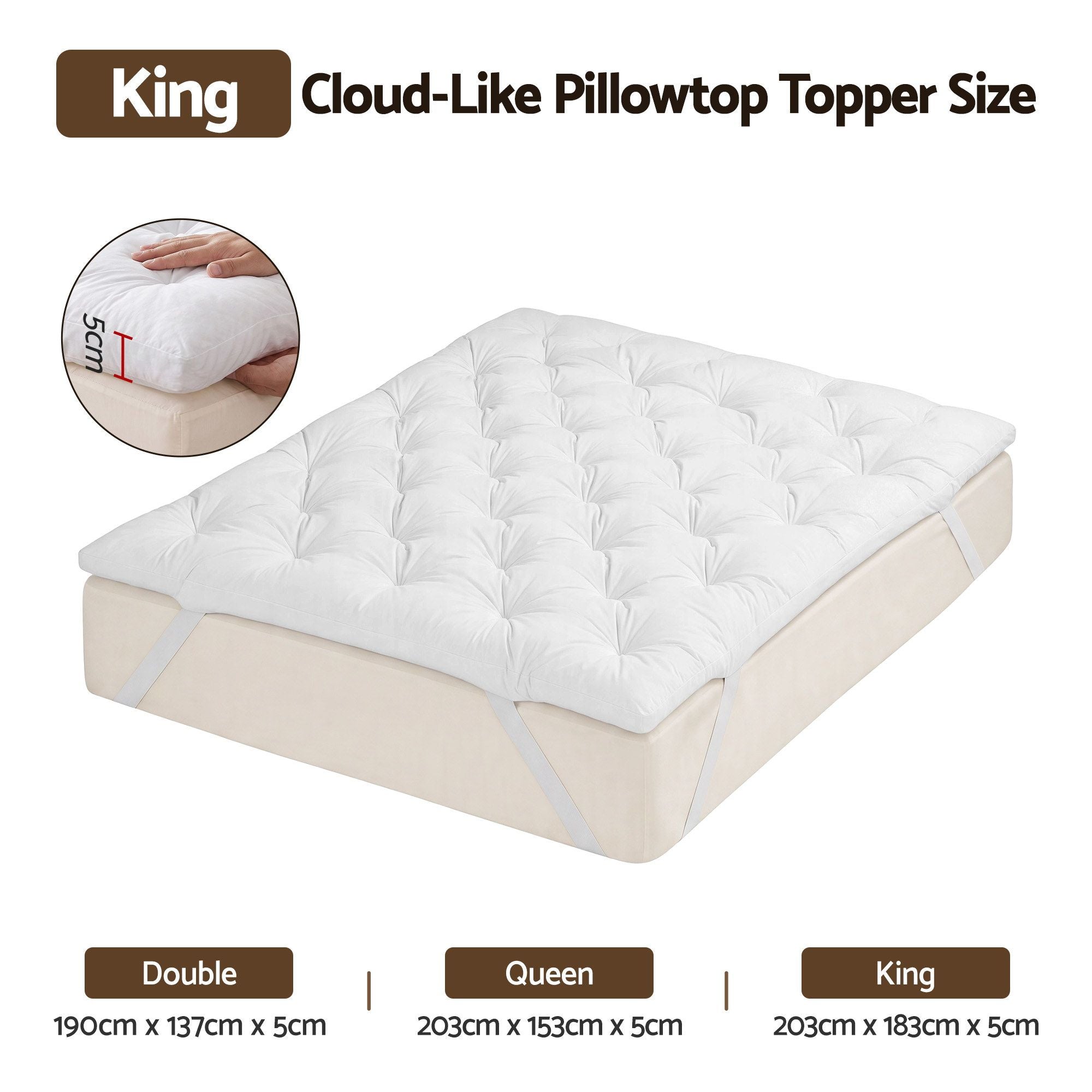 King Pillow Top Mattress Topper 5cm Thick 1300GSM White Duck Feather - White