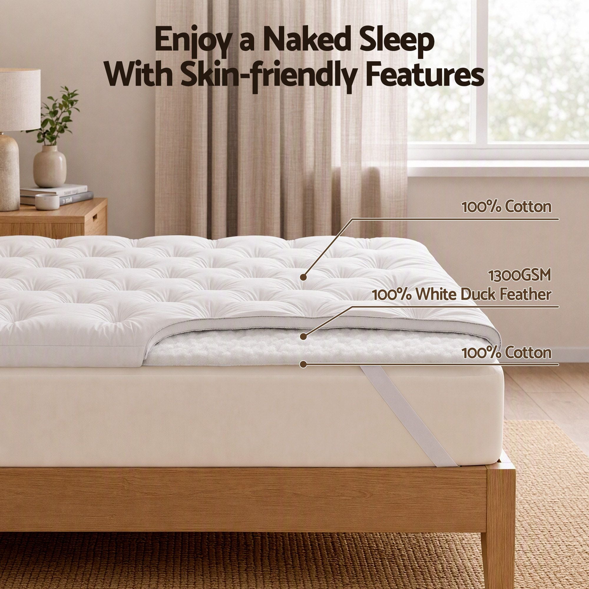 King Pillow Top Mattress Topper 5cm Thick 1300GSM White Duck Feather - White