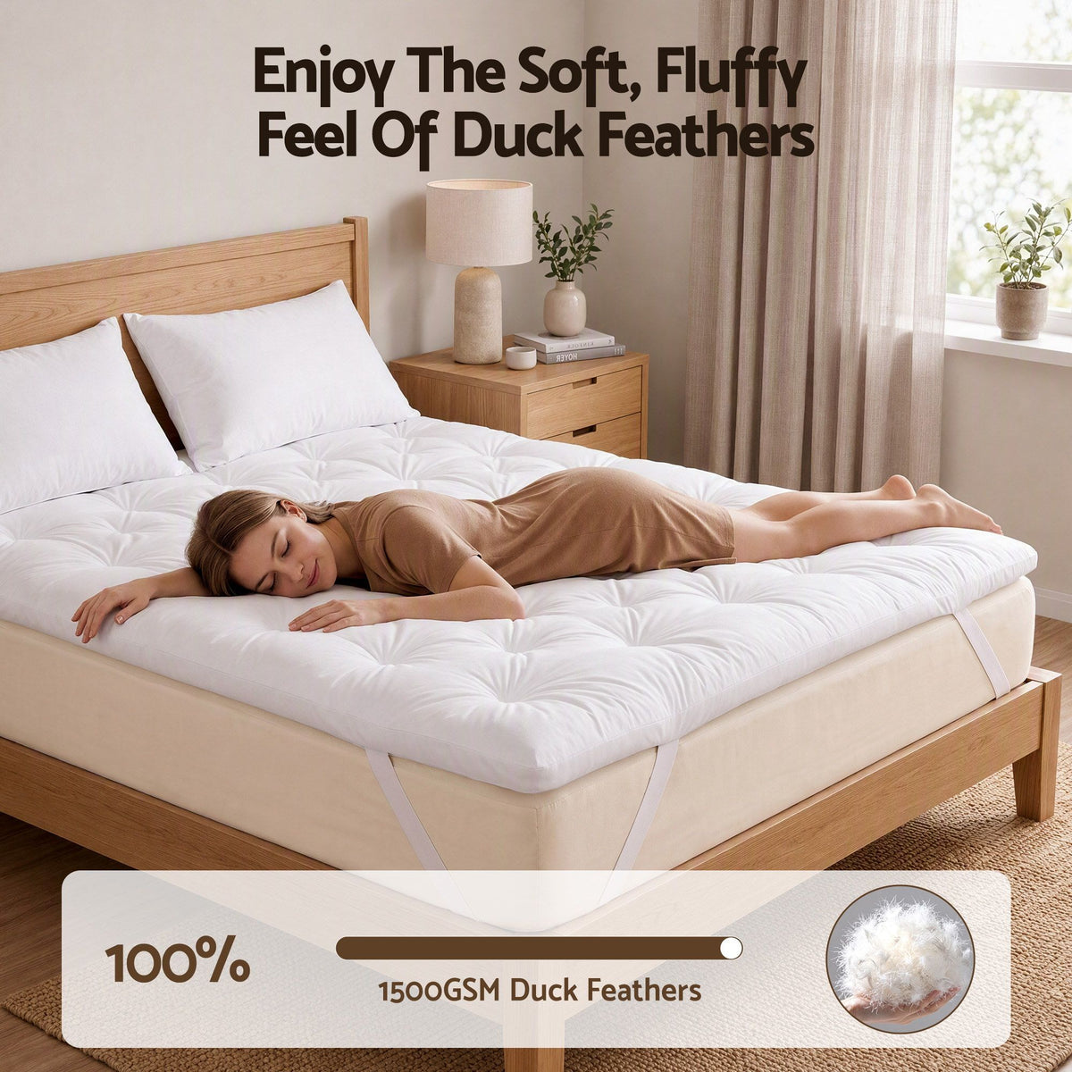 Queen Pillow Top Mattress Topper 5cm Thick 1300GSM White Duck Feather - White