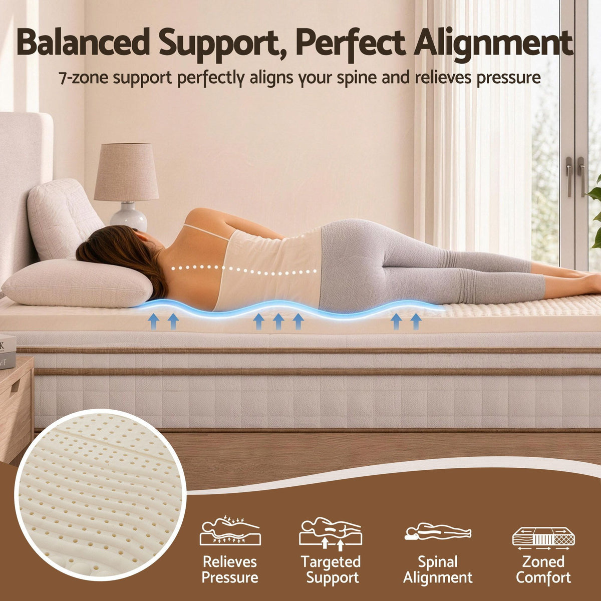 Queen 5cm 7-Zone Natural Latex Mattress Topper - Breathable Natural White