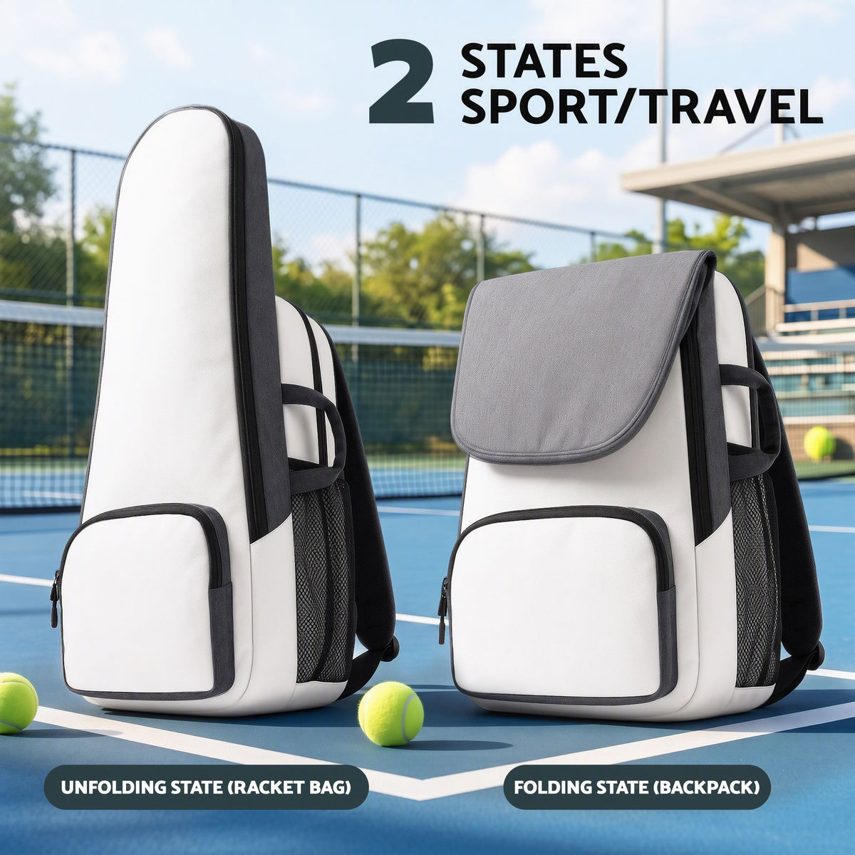 Foldable Tennis Racket Backpack with Shoe Compartment and Racket Pocket - Grey and White