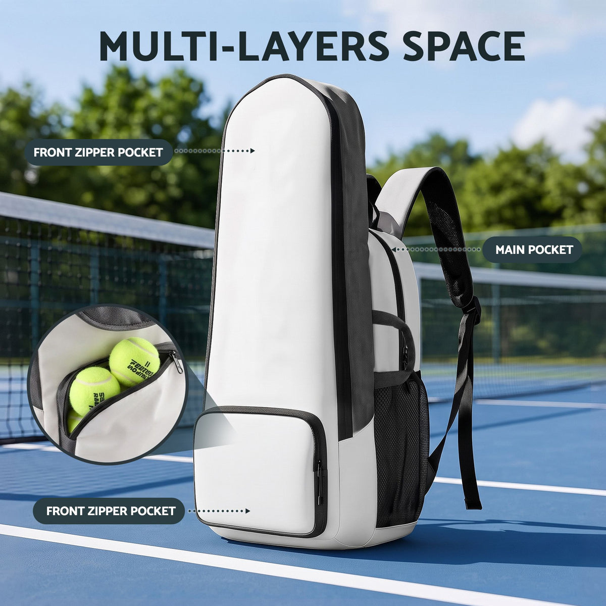 Foldable Tennis Racket Backpack with Shoe Compartment and Racket Pocket - Grey and White