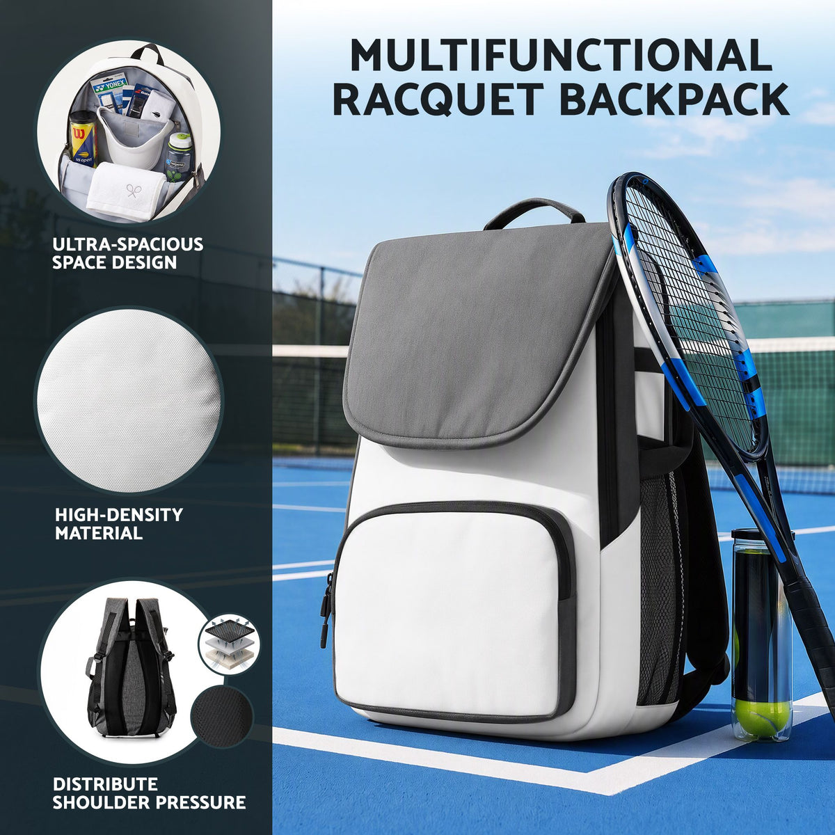 Foldable Tennis Racket Backpack with Shoe Compartment and Racket Pocket - Grey and White