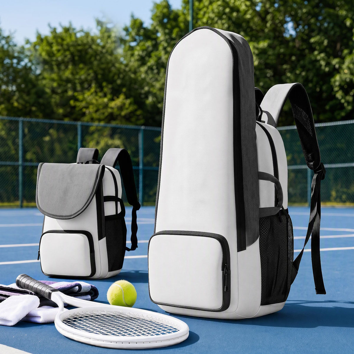Foldable Tennis Racket Backpack with Shoe Compartment and Racket Pocket - Grey and White