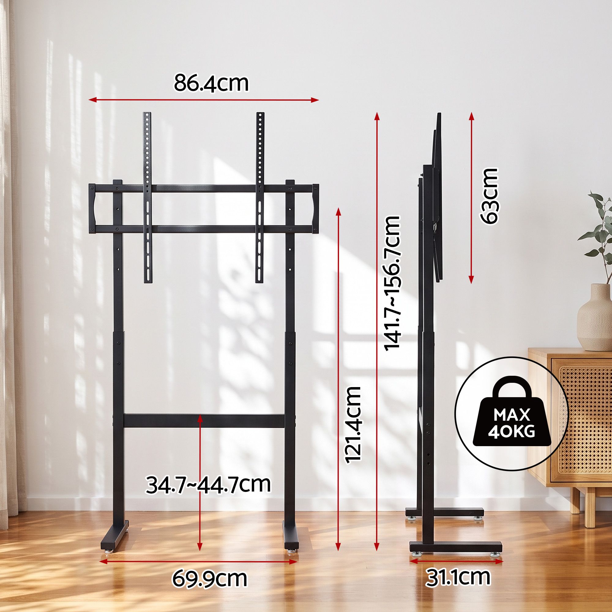 Universal Floor TV Stand for 32-100 Inch Screens with 40kg Capacity - Black