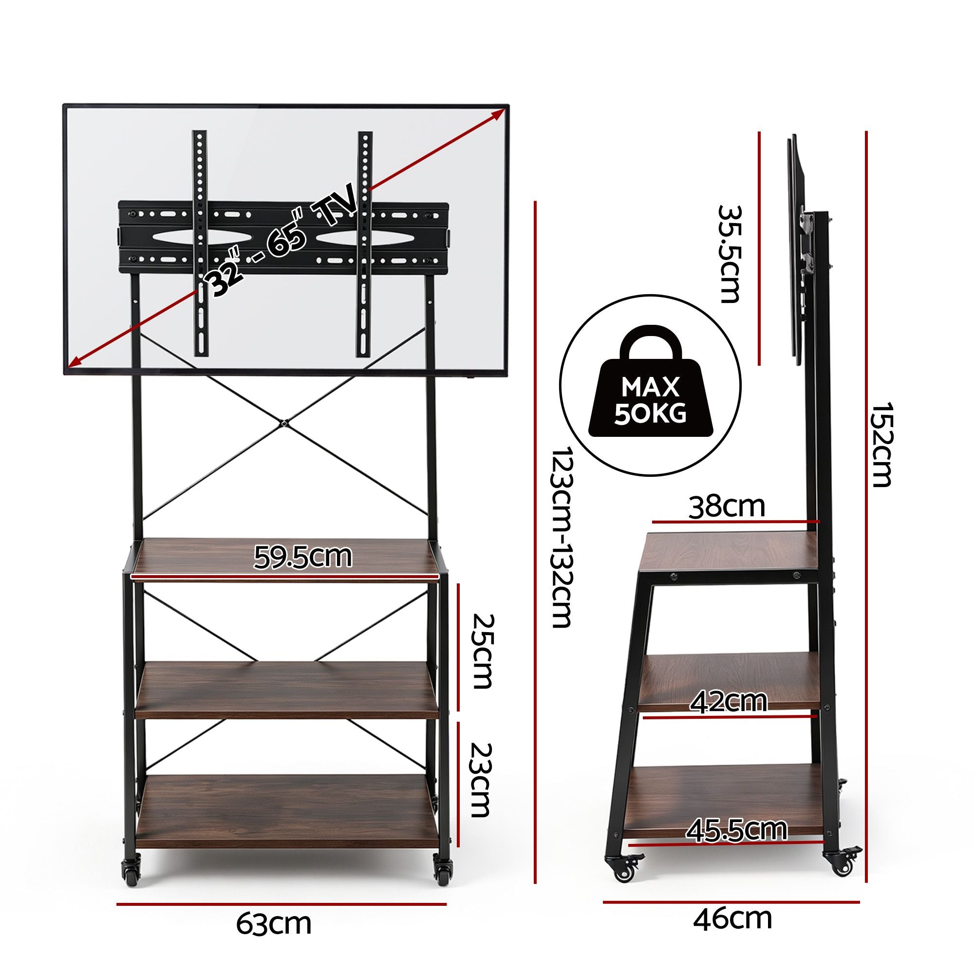 Mobile TV Stand 32-65 Inch TVs Mount 50kg with 3 MDF Shelves Lockable Wheels Adjustable Feet
