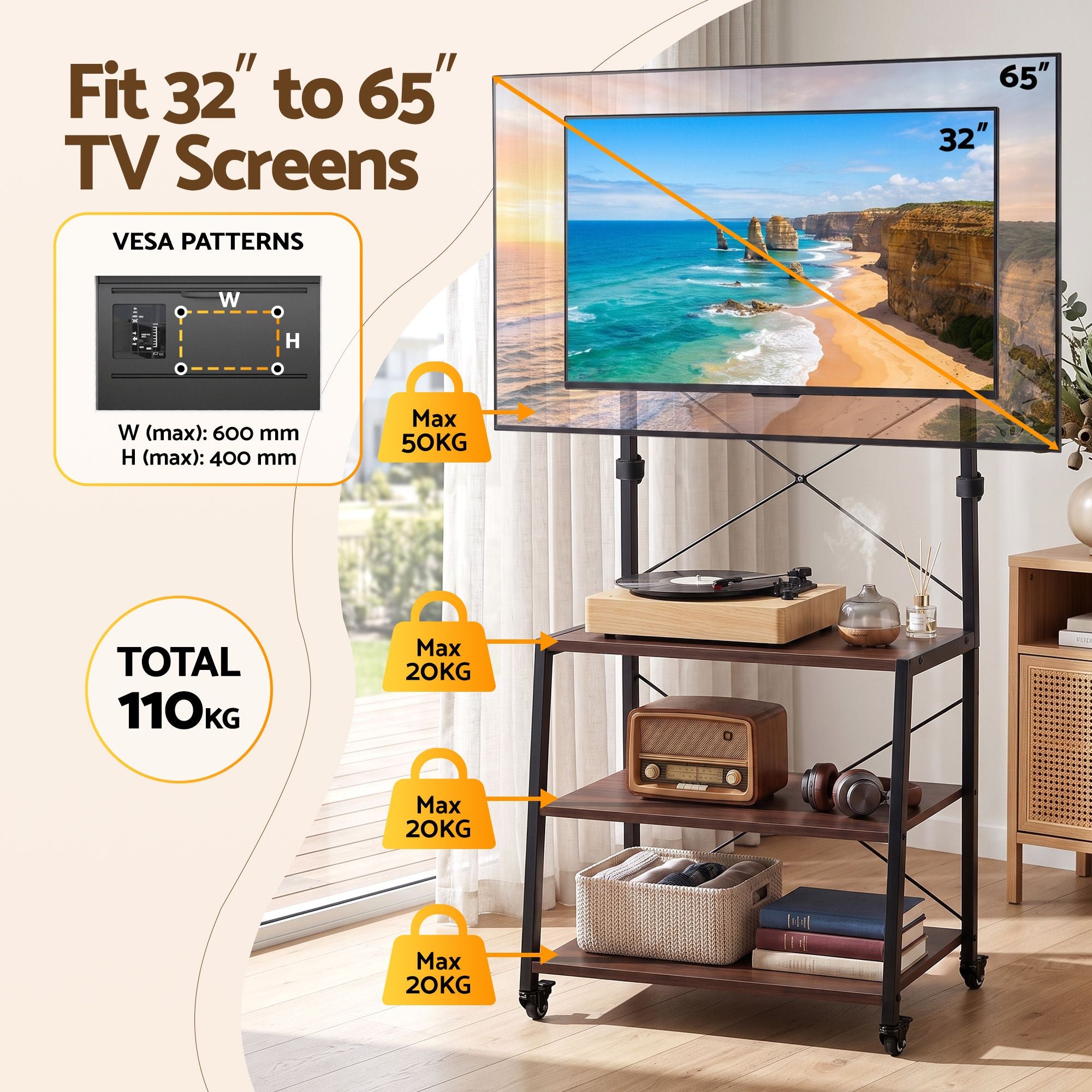 Mobile TV Stand 32-65 Inch TVs Mount 50kg with 3 MDF Shelves Lockable Wheels Adjustable Feet