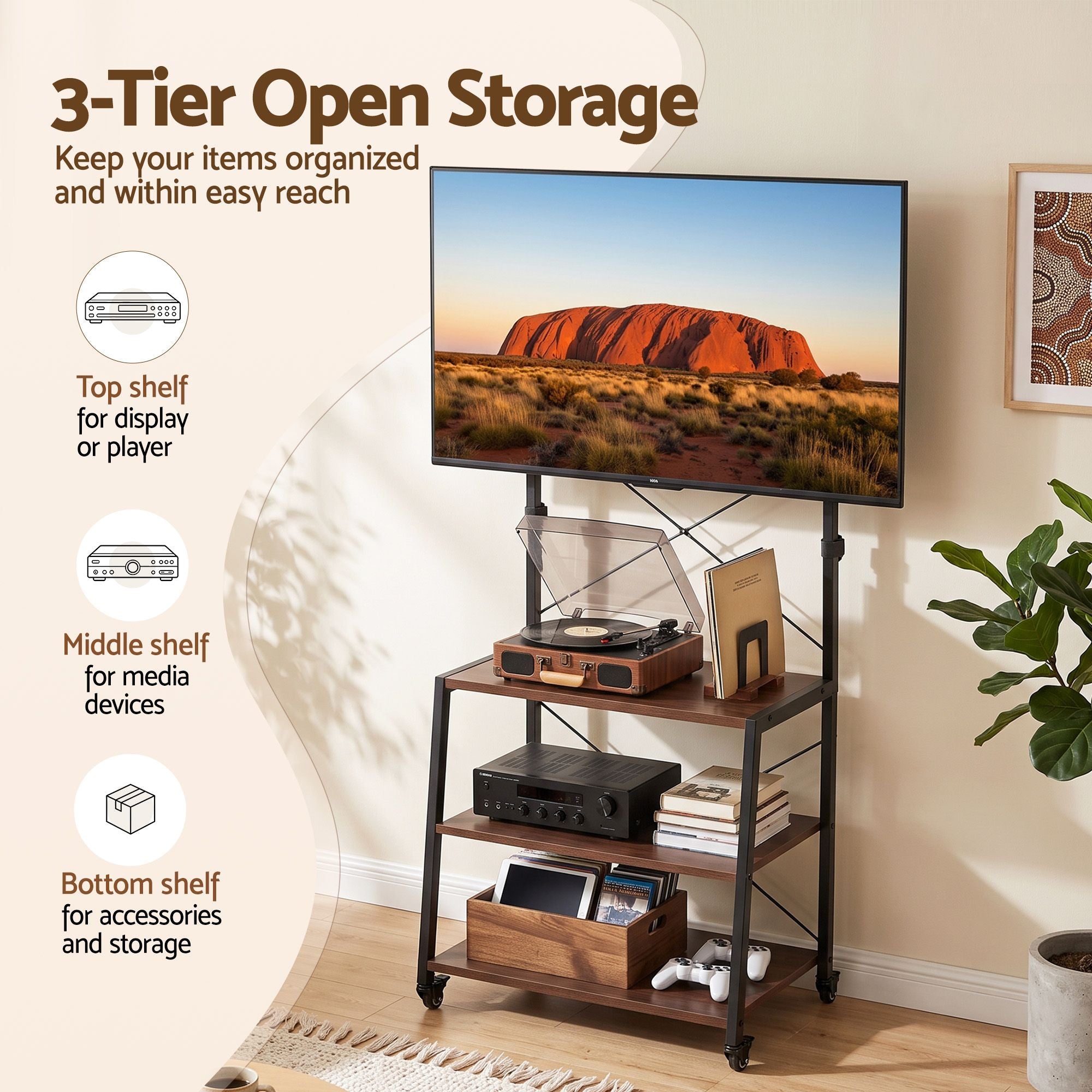 Mobile TV Stand 32-65 Inch TVs Mount 50kg with 3 MDF Shelves Lockable Wheels Adjustable Feet