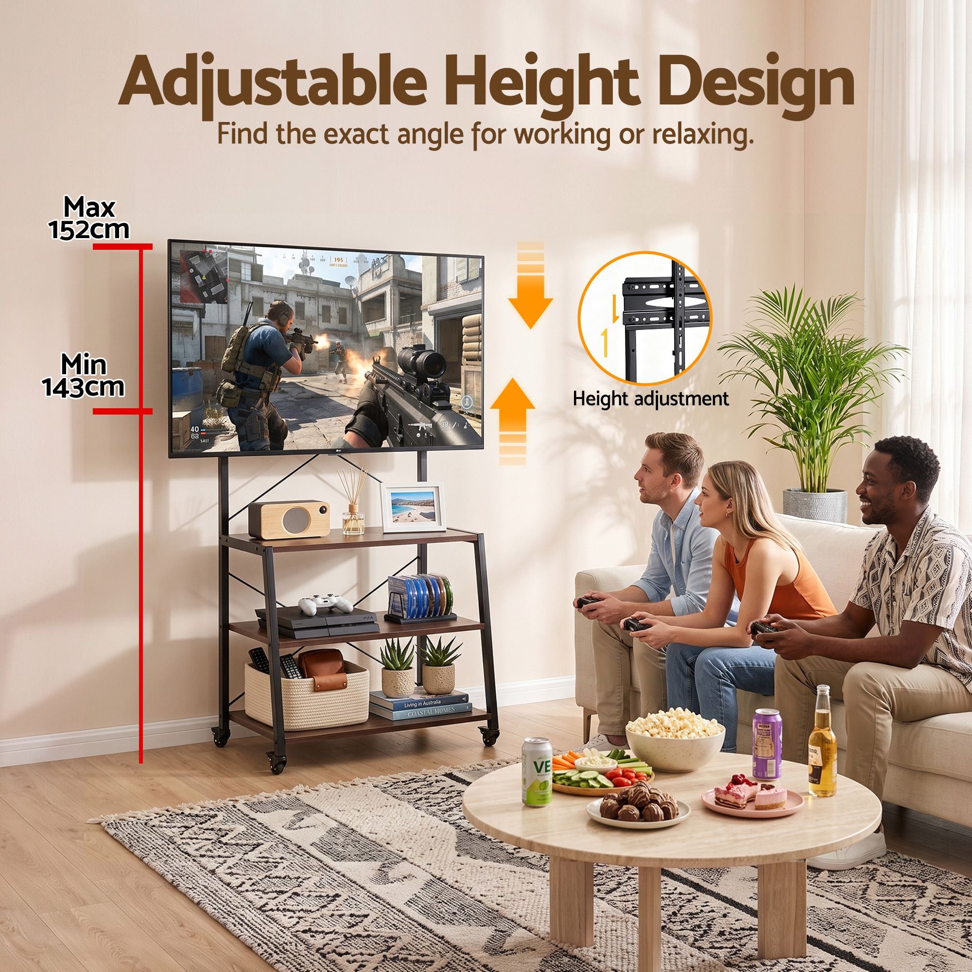 Mobile TV Stand 32-65 Inch TVs Mount 50kg with 3 MDF Shelves Lockable Wheels Adjustable Feet