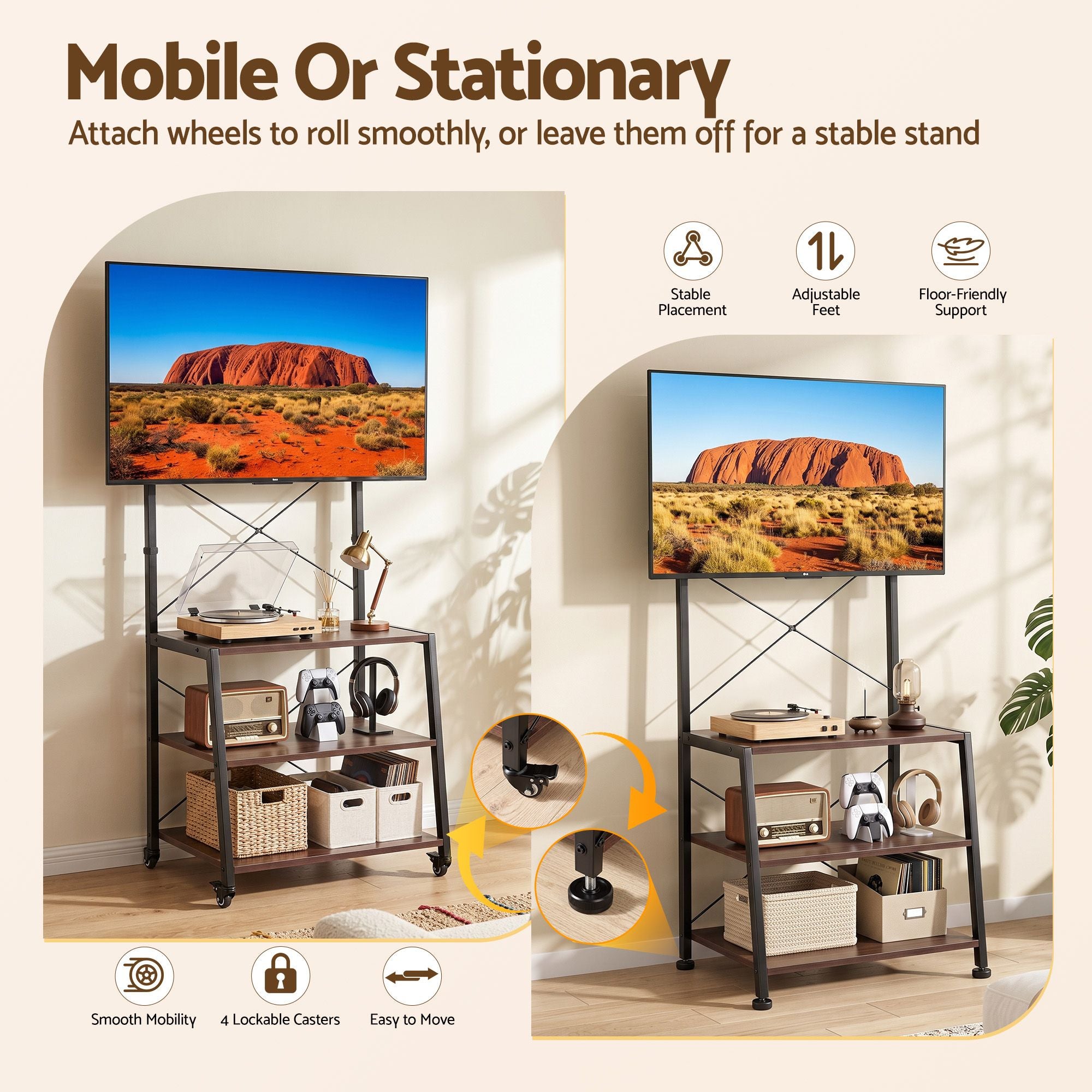 Mobile TV Stand 32-65 Inch TVs Mount 50kg with 3 MDF Shelves Lockable Wheels Adjustable Feet