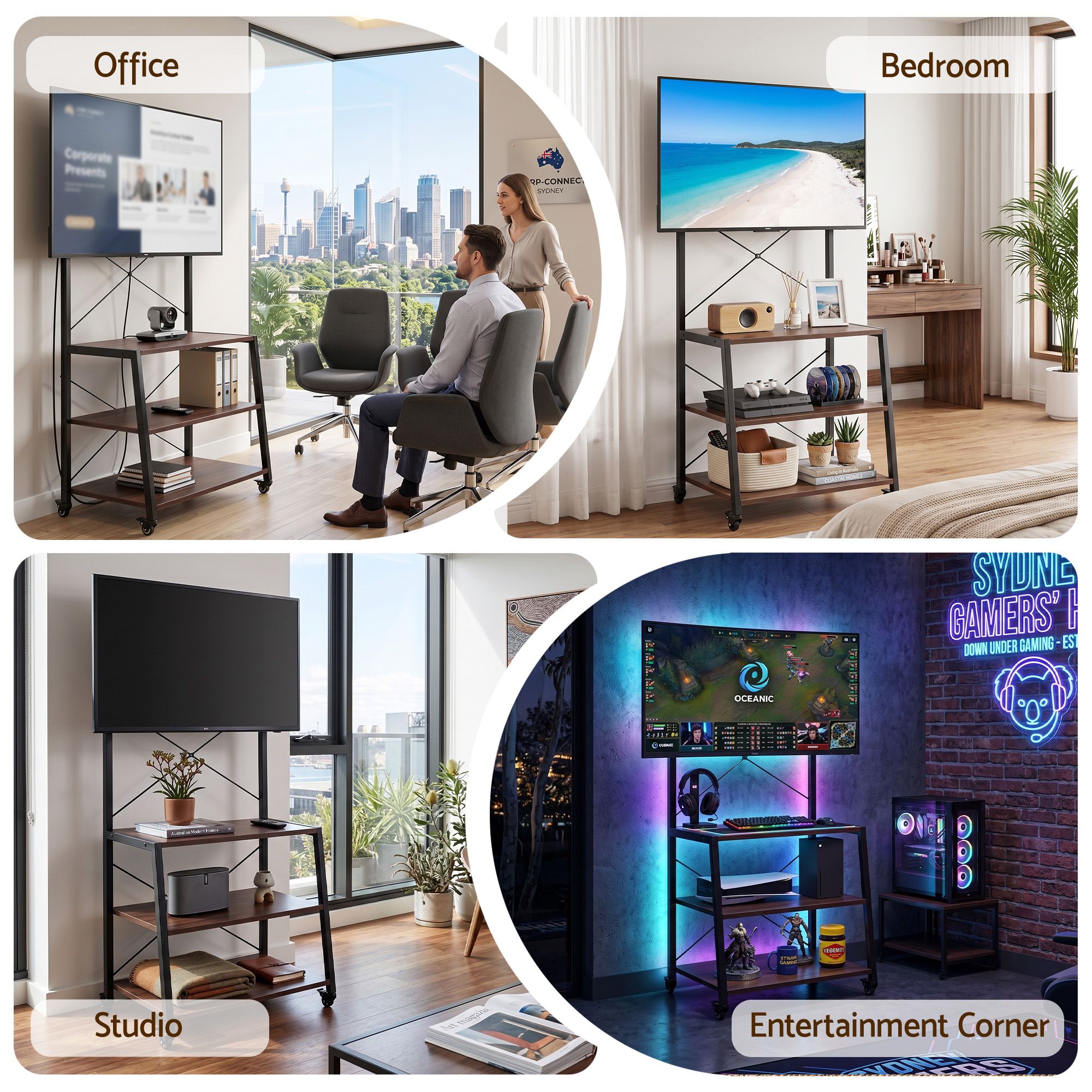 Mobile TV Stand 32-65 Inch TVs Mount 50kg with 3 MDF Shelves Lockable Wheels Adjustable Feet