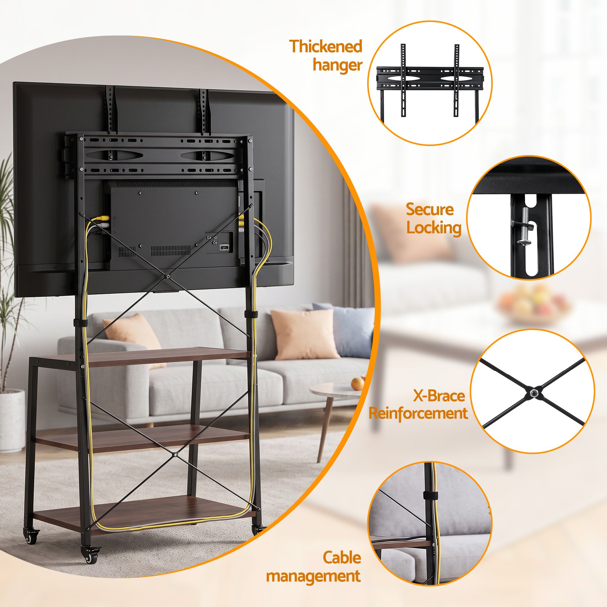 Mobile TV Stand 32-65 Inch TVs Mount 50kg with 3 MDF Shelves Lockable Wheels Adjustable Feet
