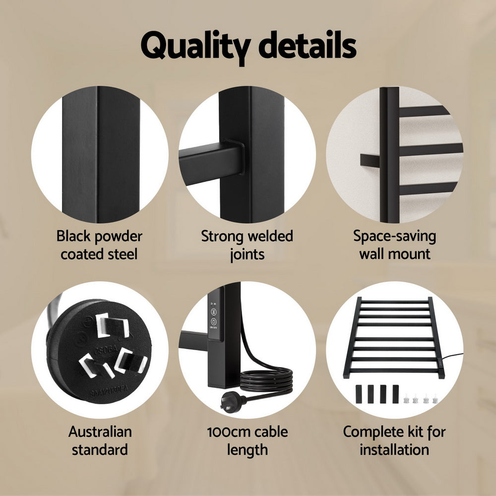 Heated Towel Rail 8 Square Bars with Timer Electric Heater Warmer Rack