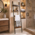 5-Tier Blanket Ladder with Anti-Tip Kit and 5 Hooks for Clothes and Bags, Leaning Towel and Quilt Rack - Black