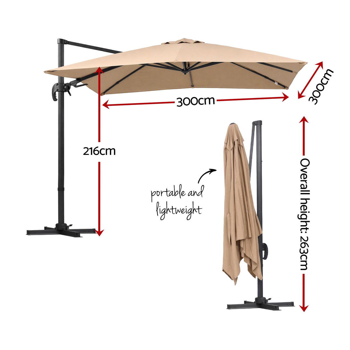 Outdoor Umbrella 3m Left-right Tilting Cantilever Patio Parasol Beige