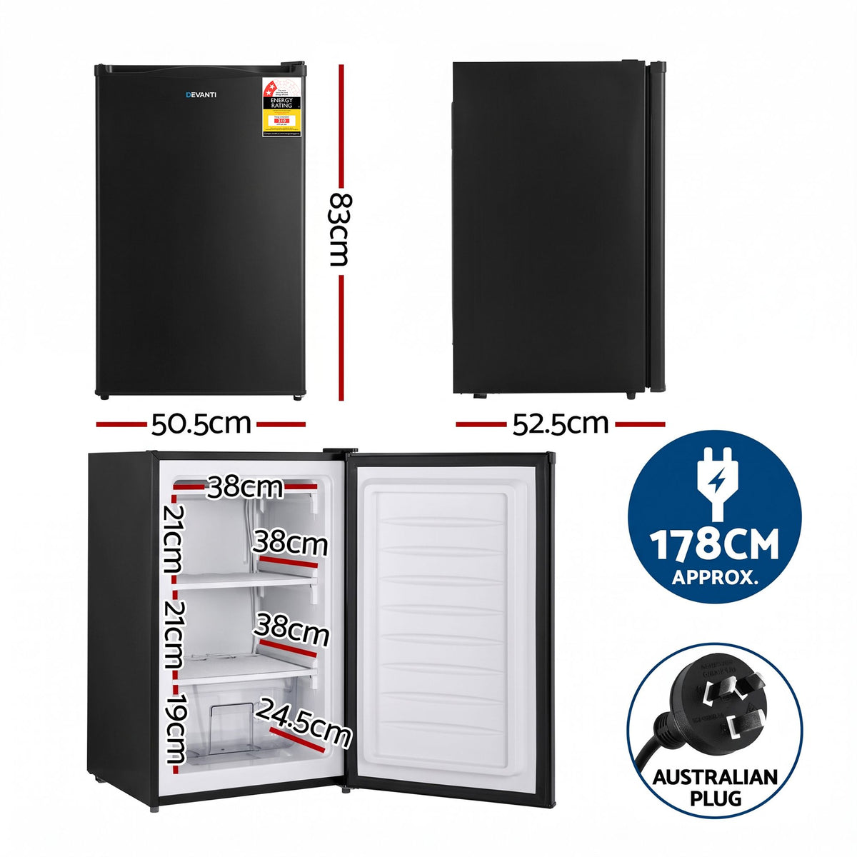 81L Upright Freezer with Adjustable Temperature Levels and Removable Drawer - Black