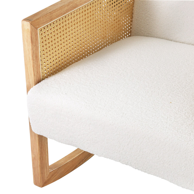 Rattan Style Rocking Chair With Boucle Sherpa Upholstery White