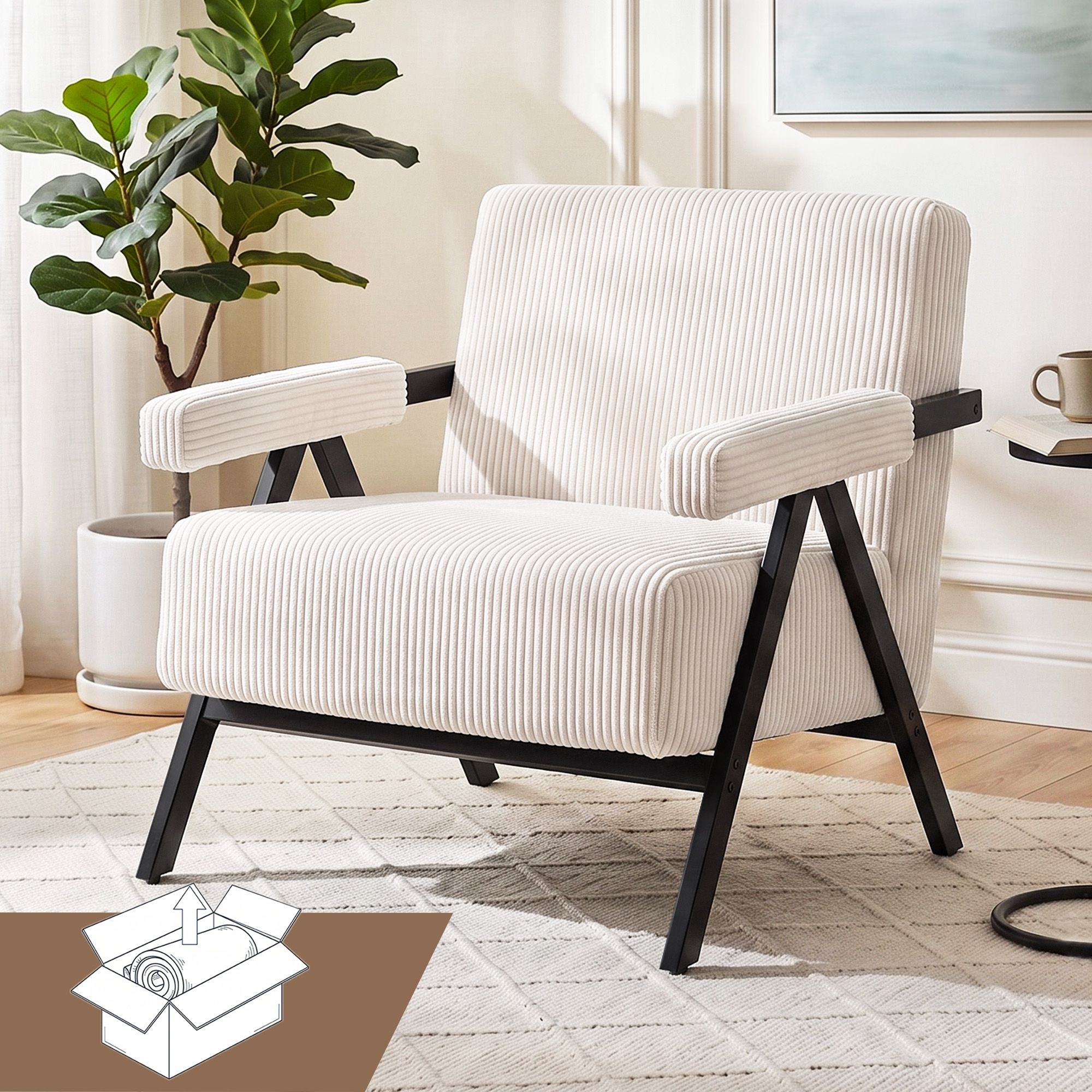 Compressed Armchair White Corduroy Accent Chair for Small Space