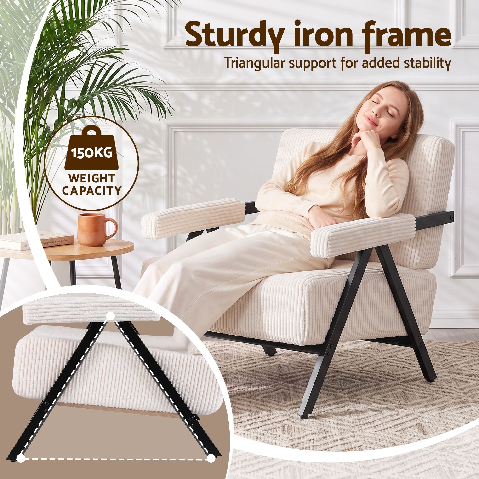 Compressed Armchair White Corduroy Accent Chair for Small Space