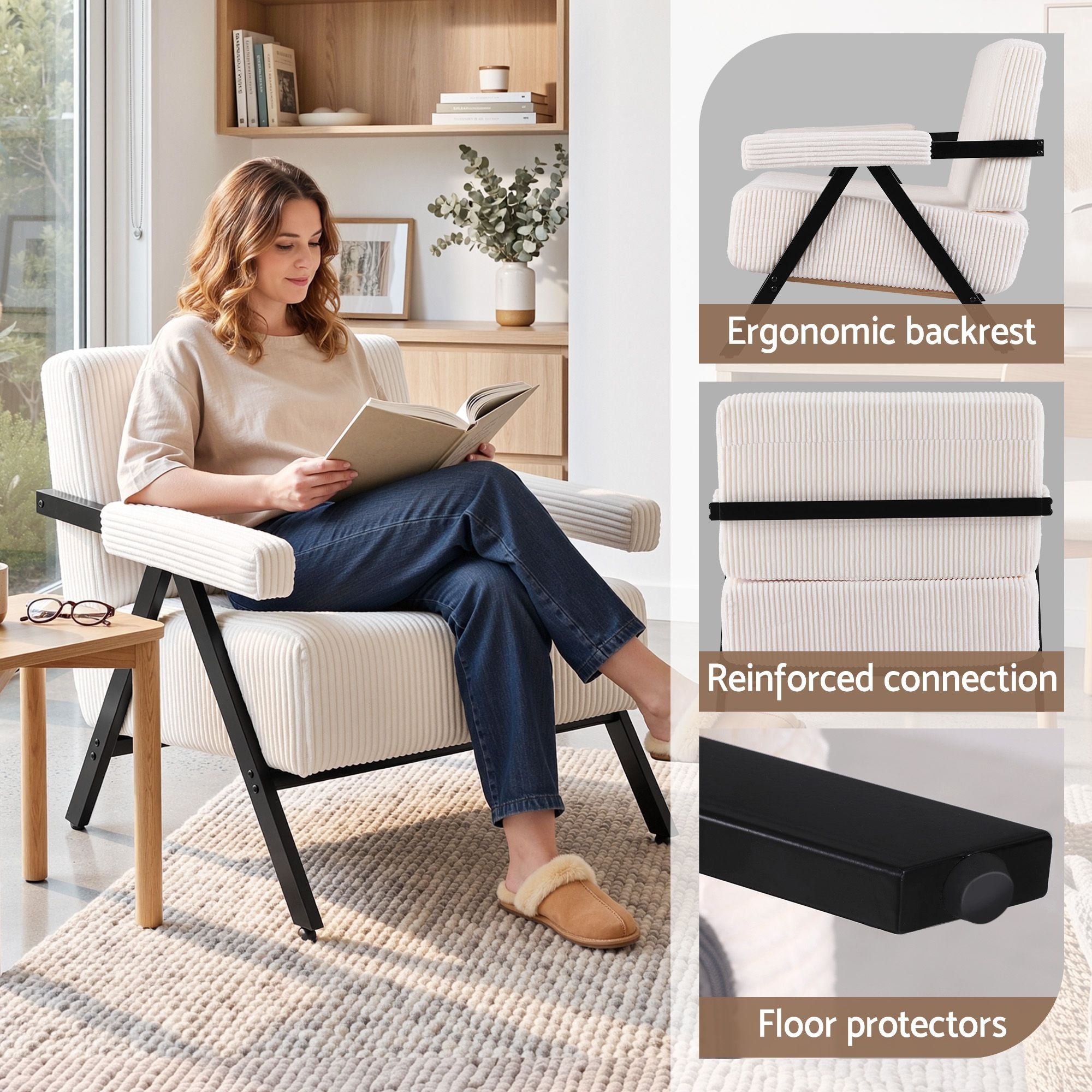 Compressed Armchair White Corduroy Accent Chair for Small Space