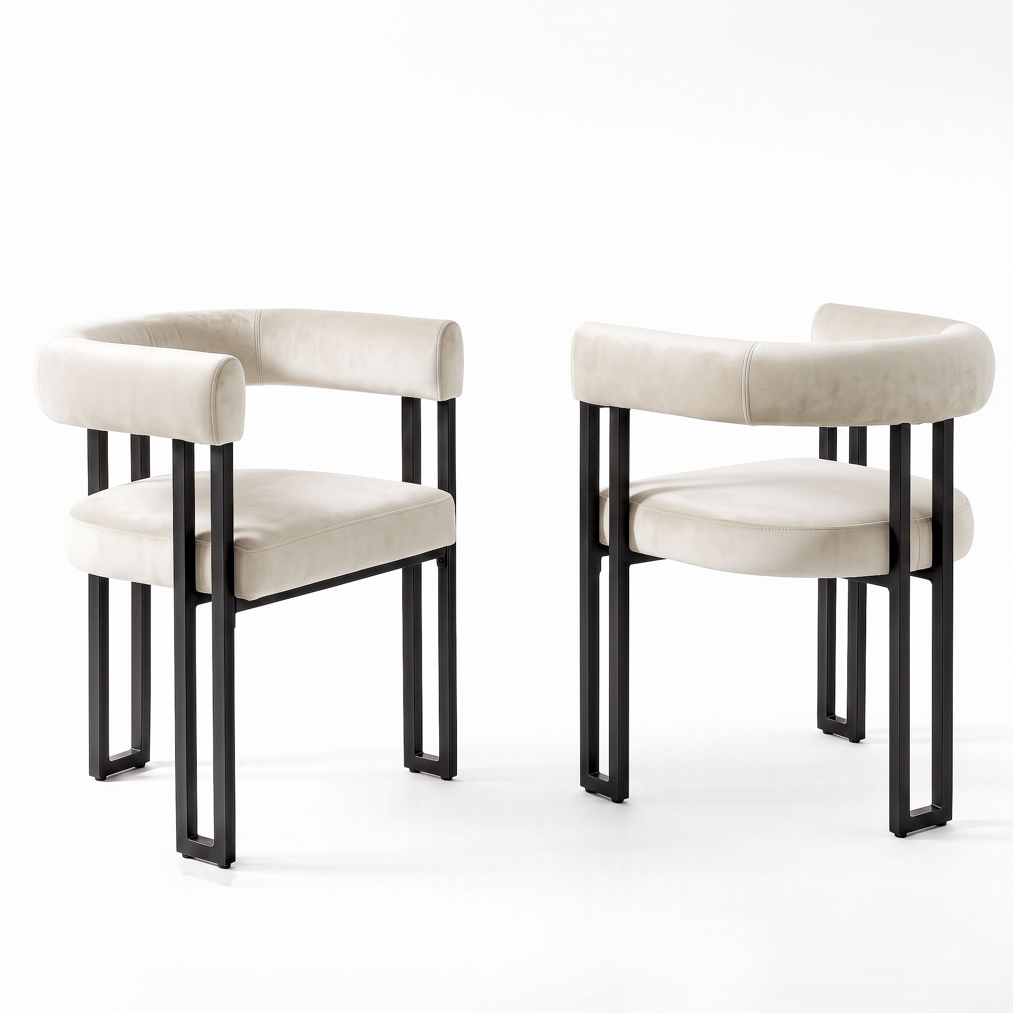 Dining Chairs Set of 2 Velvet Upholstered Barrel Chairs with Curved Armrests & Back Beige