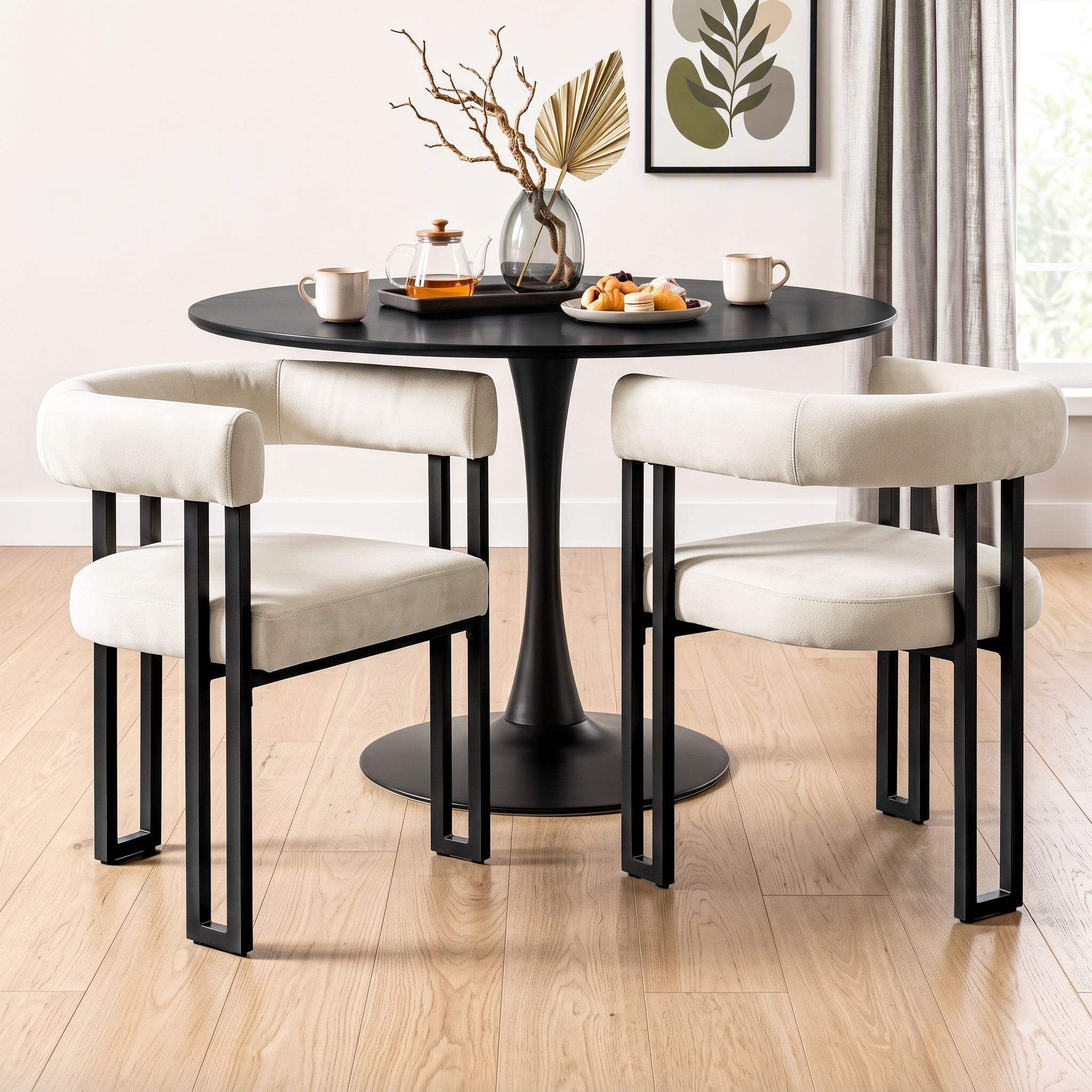 Dining Chairs Set of 2 Velvet Upholstered Barrel Chairs with Curved Armrests & Back Beige
