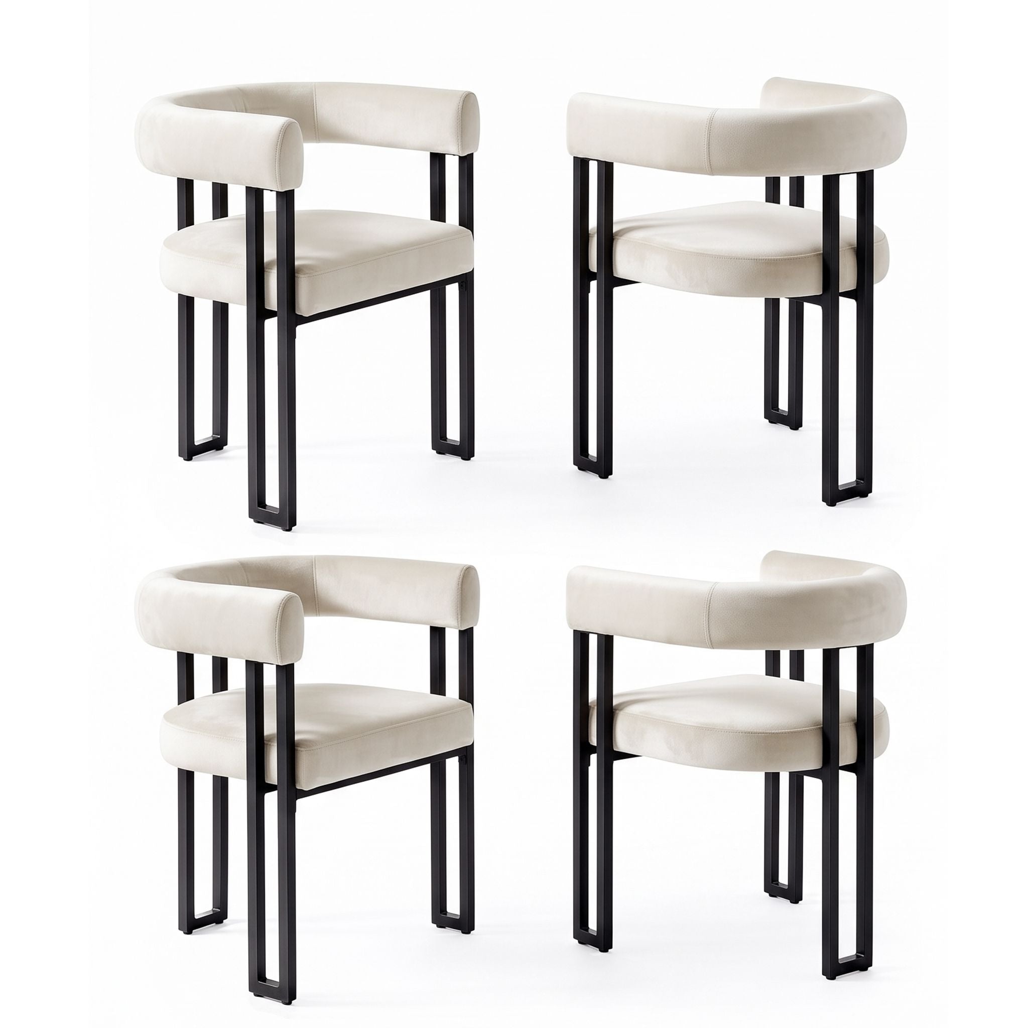 Dining Chairs Set of 4 Velvet Upholstered Barrel Chairs with Curved Armrests & Back Beige