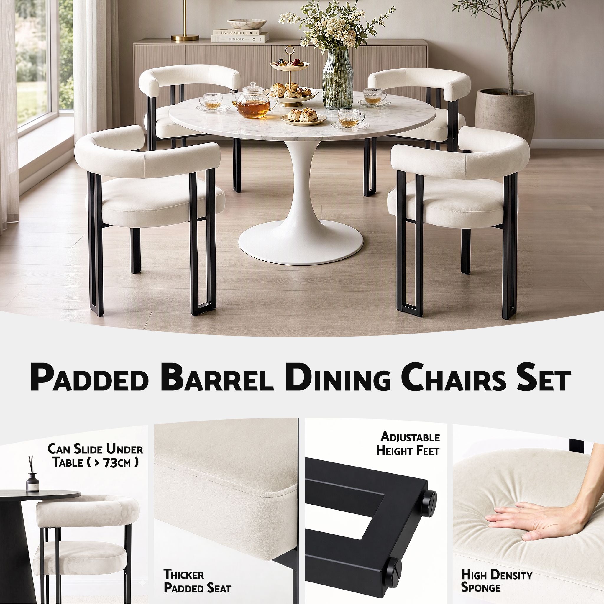 Dining Chairs Set of 4 Velvet Upholstered Barrel Chairs with Curved Armrests & Back Beige