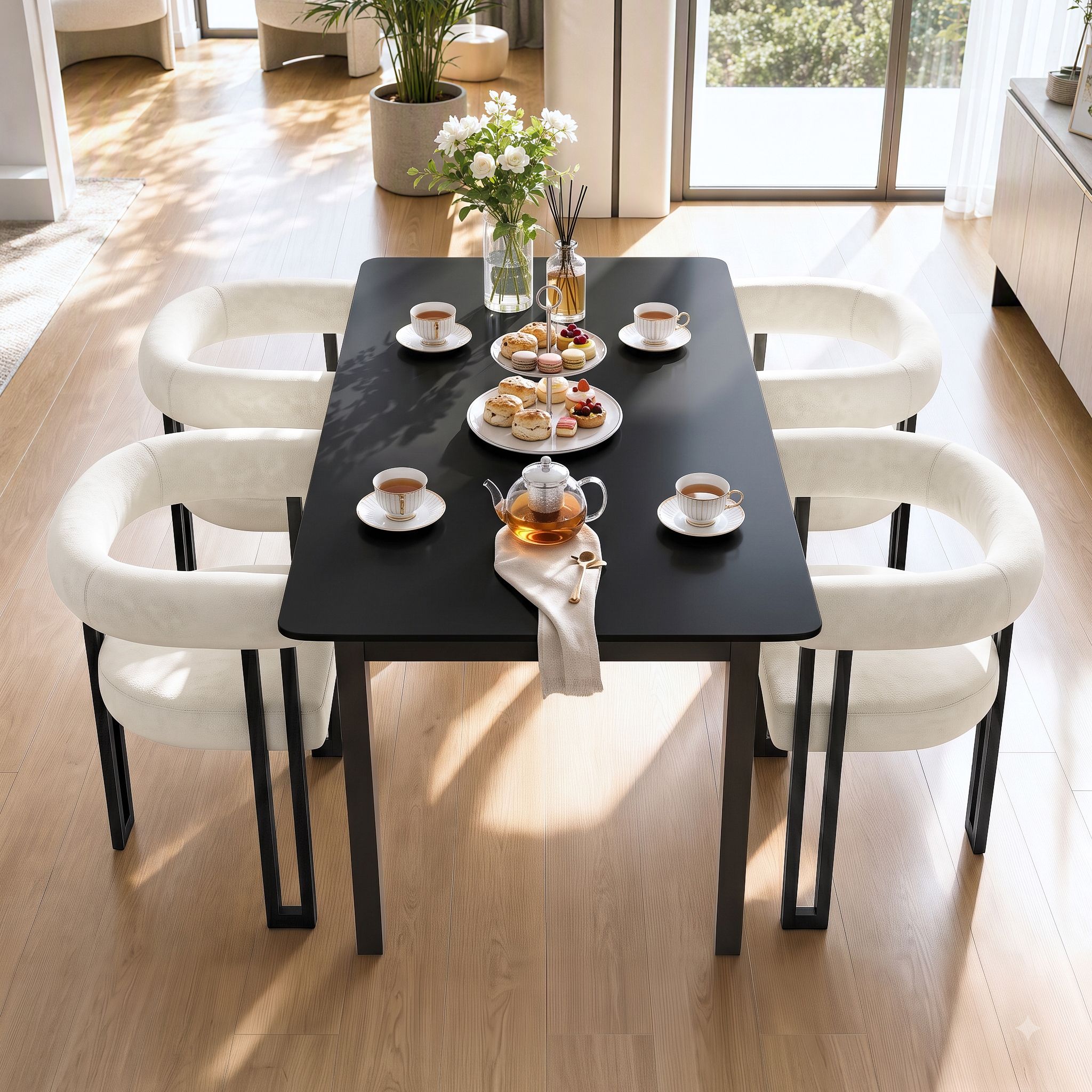 Dining Chairs Set of 4 Velvet Upholstered Barrel Chairs with Curved Armrests & Back Beige