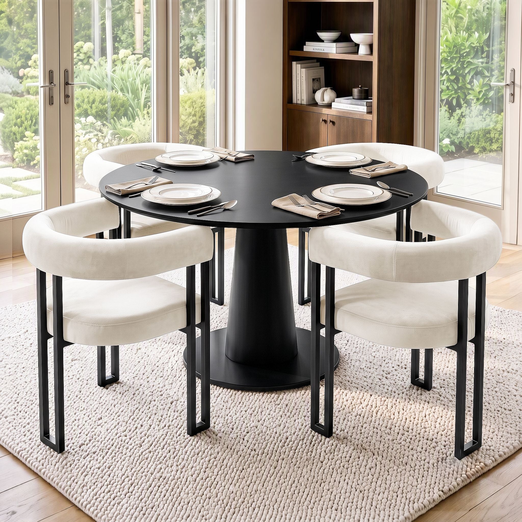 Dining Chairs Set of 4 Velvet Upholstered Barrel Chairs with Curved Armrests & Back Beige