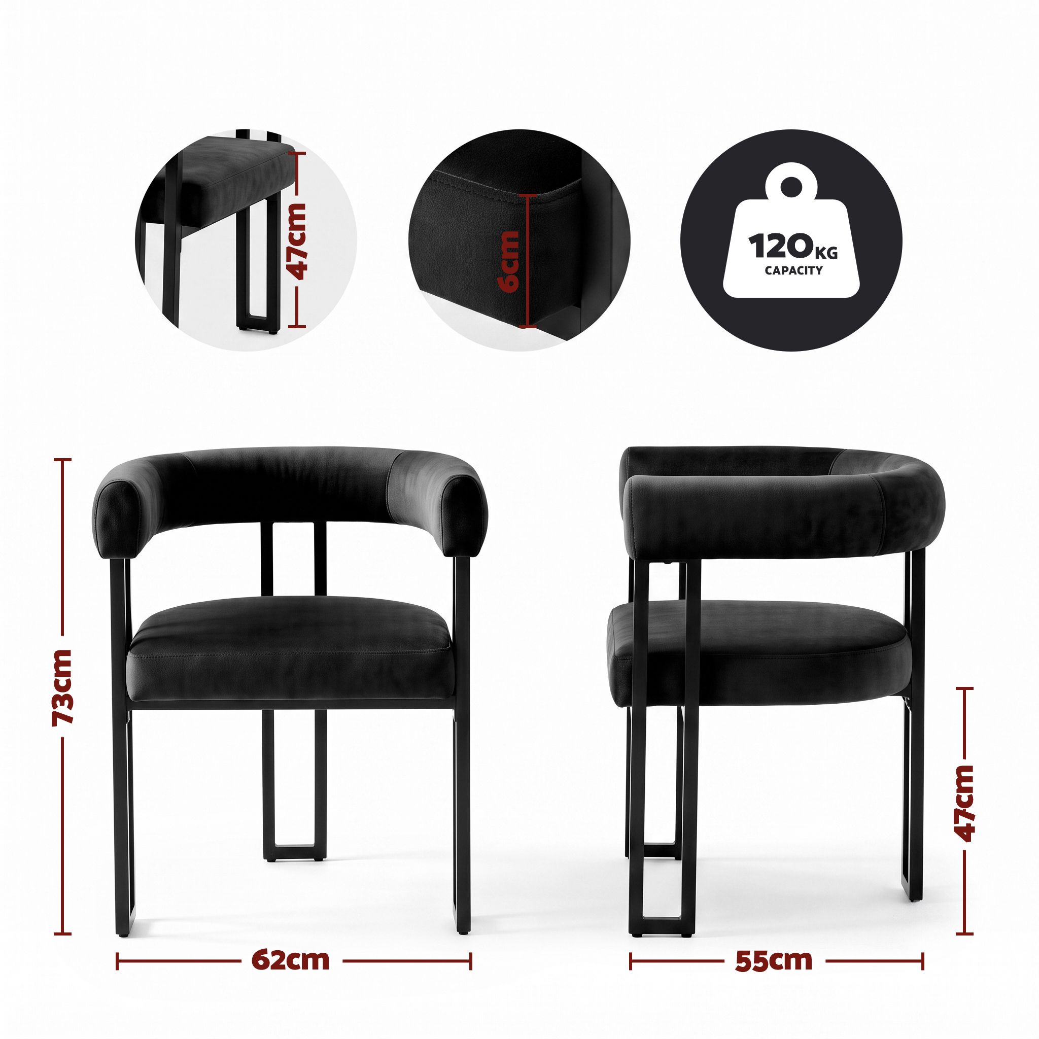 Dining Chairs Set of 2 Velvet Upholstered Barrel Chairs with Curved Armrests & Back Black