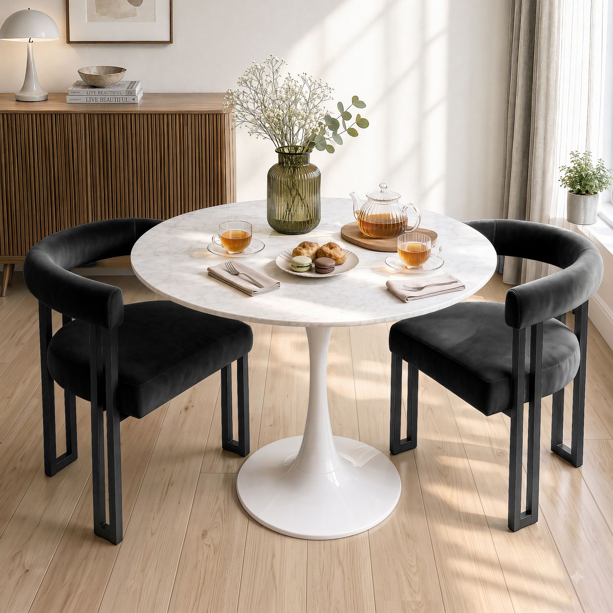 Dining Chairs Set of 2 Velvet Upholstered Barrel Chairs with Curved Armrests & Back Black
