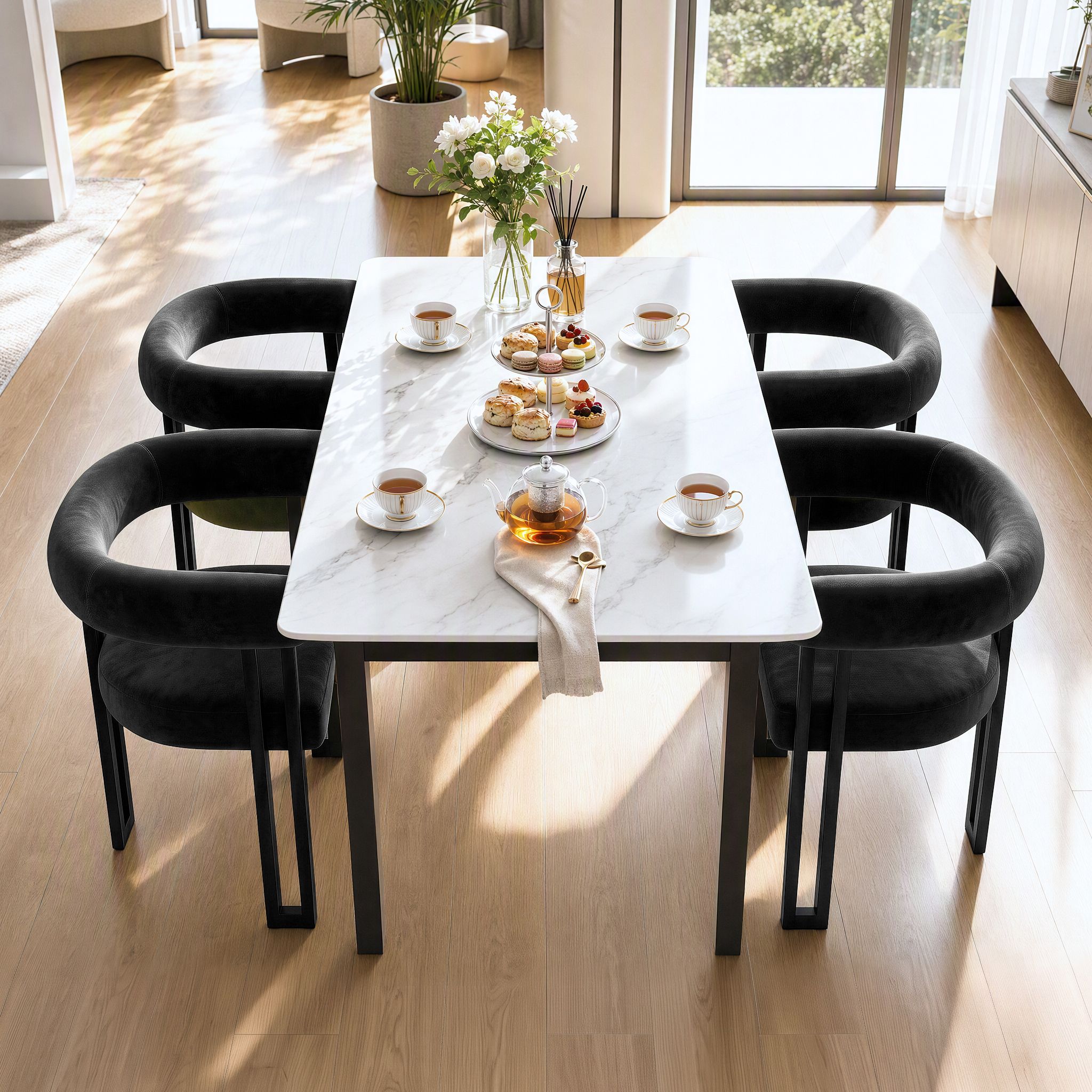 Dining Chairs Set of 2 Velvet Upholstered Barrel Chairs with Curved Armrests & Back Black