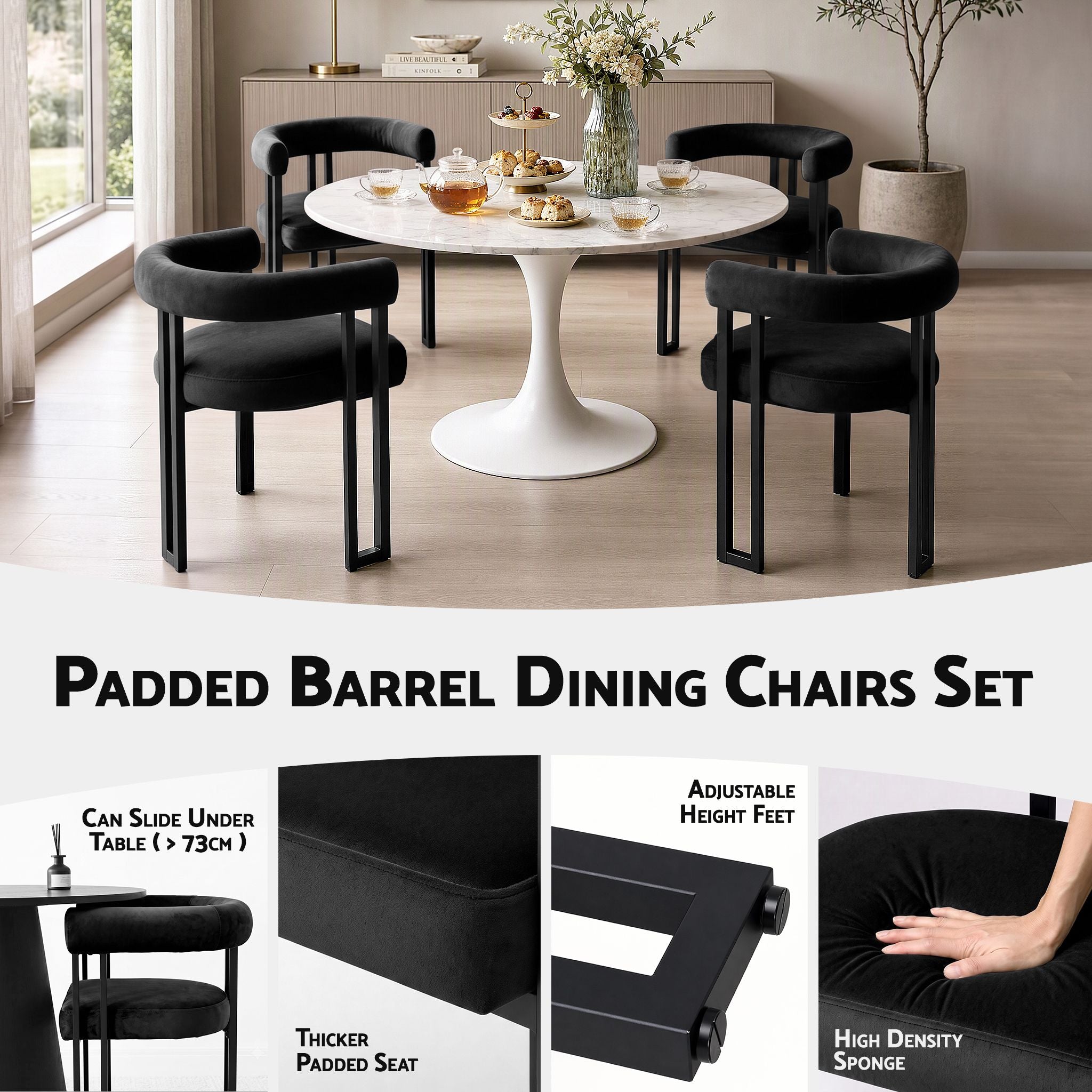 Dining Chairs Set of 2 Velvet Upholstered Barrel Chairs with Curved Armrests & Back Black