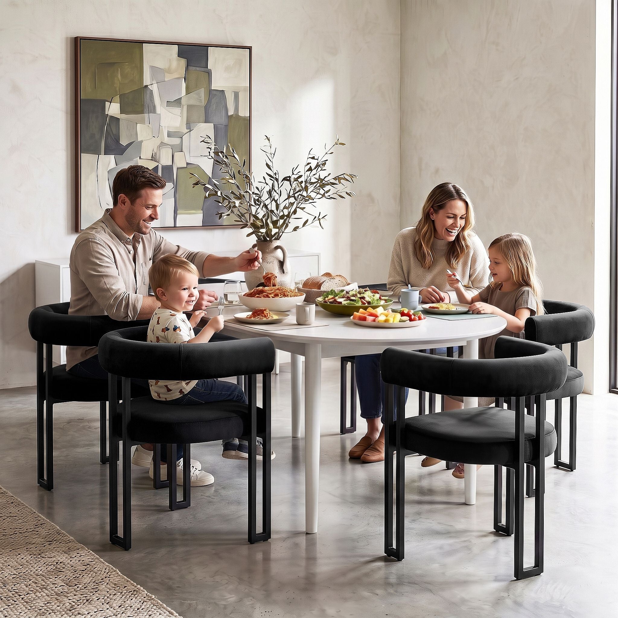 Dining Chairs Set of 2 Velvet Upholstered Barrel Chairs with Curved Armrests & Back Black