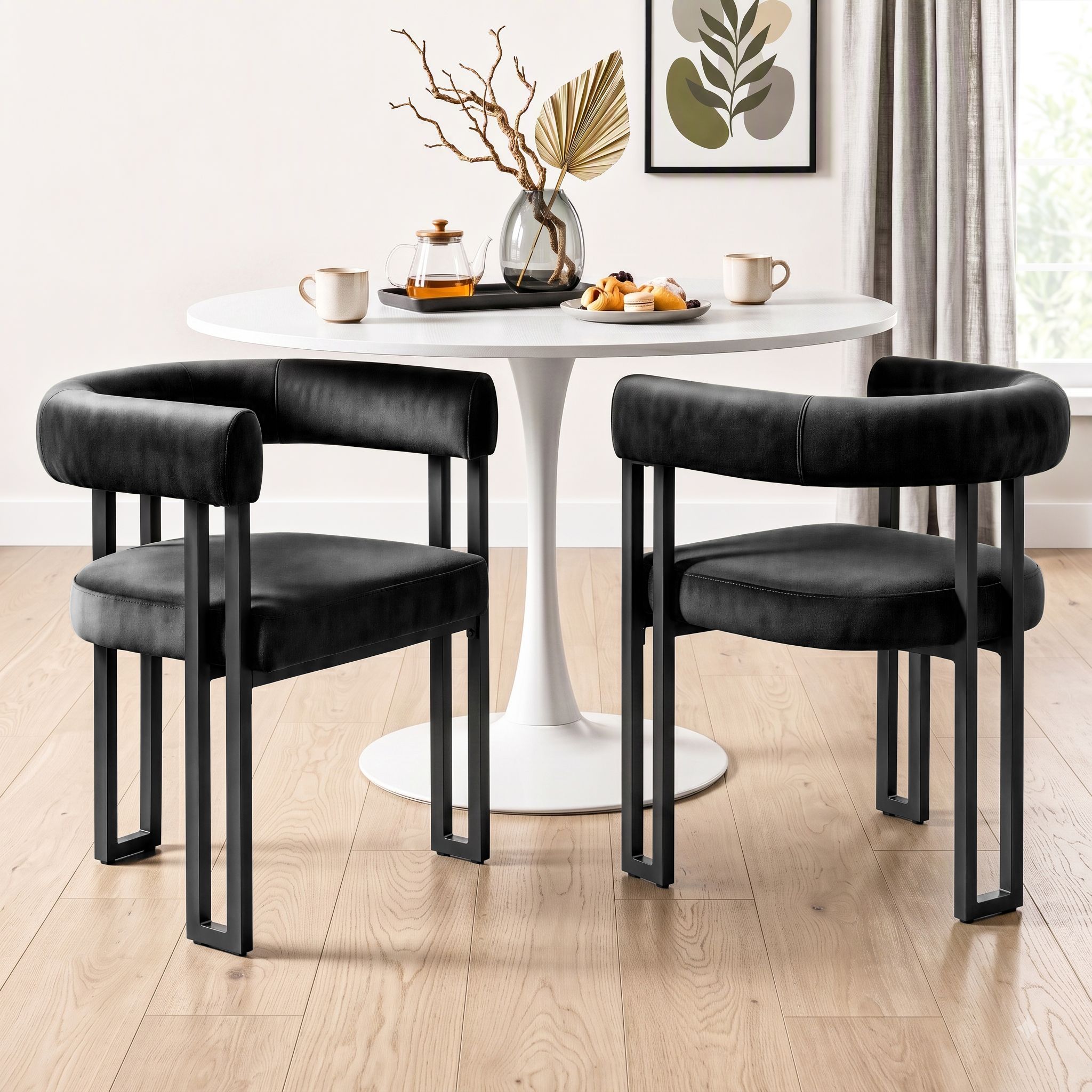 Dining Chairs Set of 2 Velvet Upholstered Barrel Chairs with Curved Armrests & Back Black
