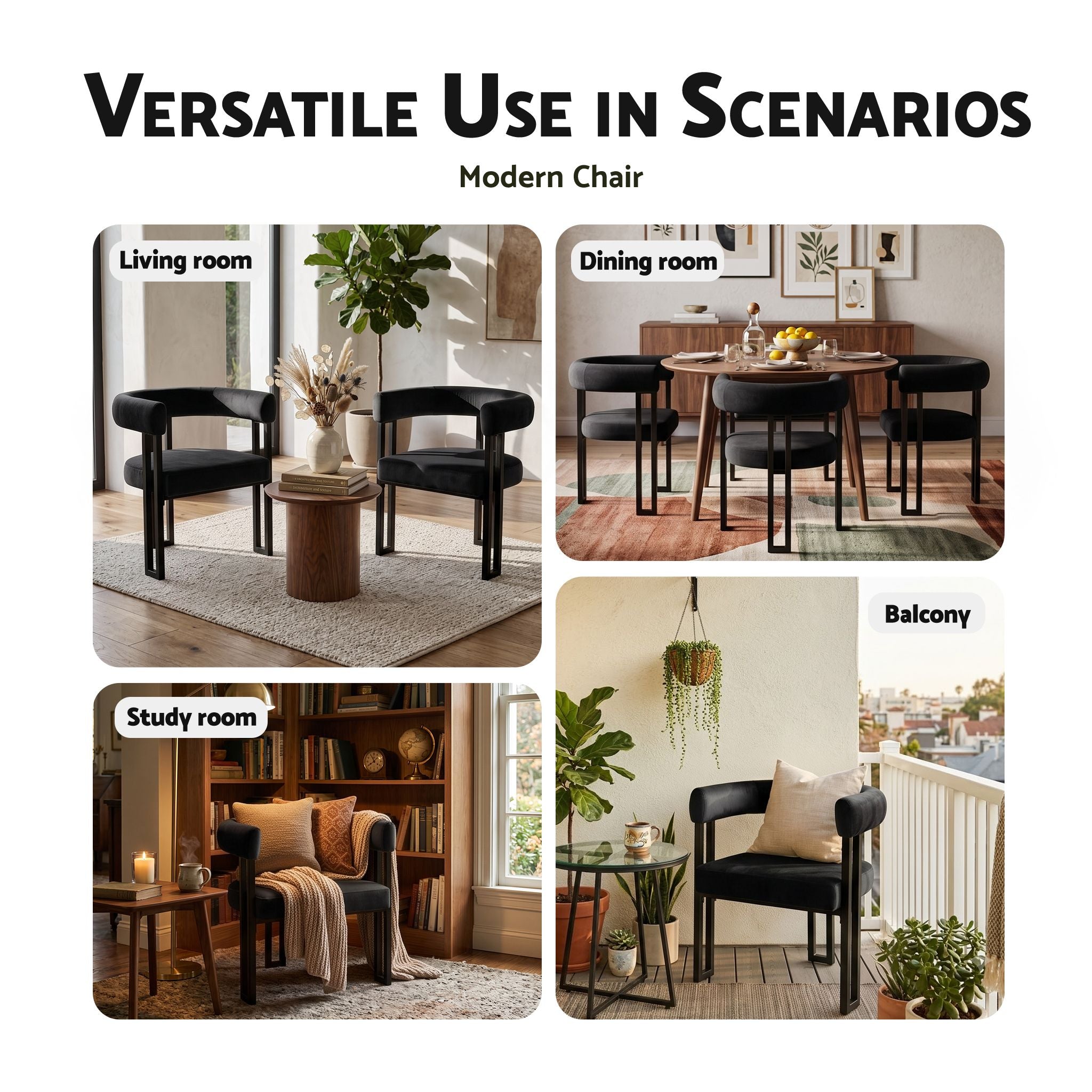 Dining Chairs Set of 4 Velvet Upholstered Barrel Chairs with Curved Armrests & Back Black