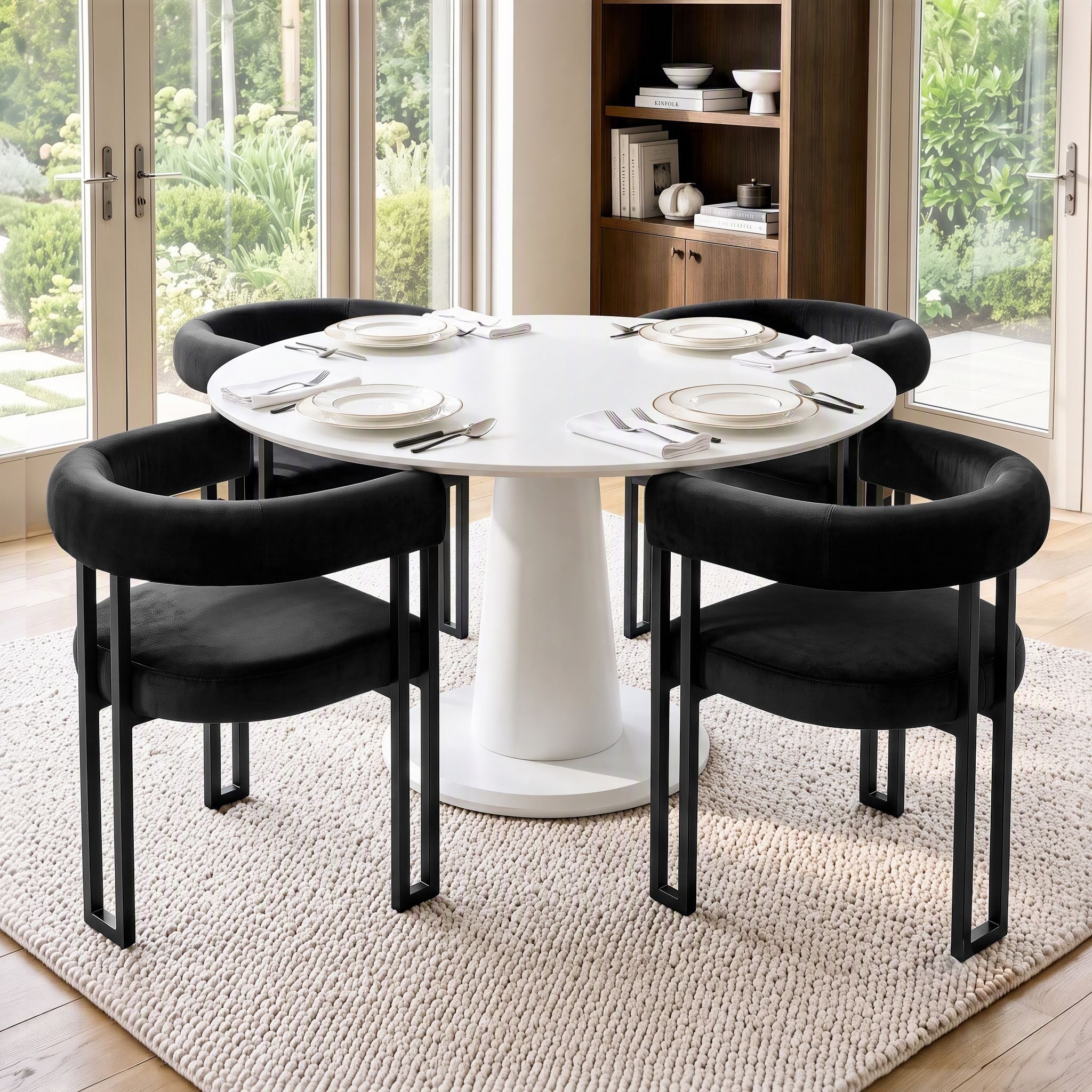 Dining Chairs Set of 4 Velvet Upholstered Barrel Chairs with Curved Armrests & Back Black
