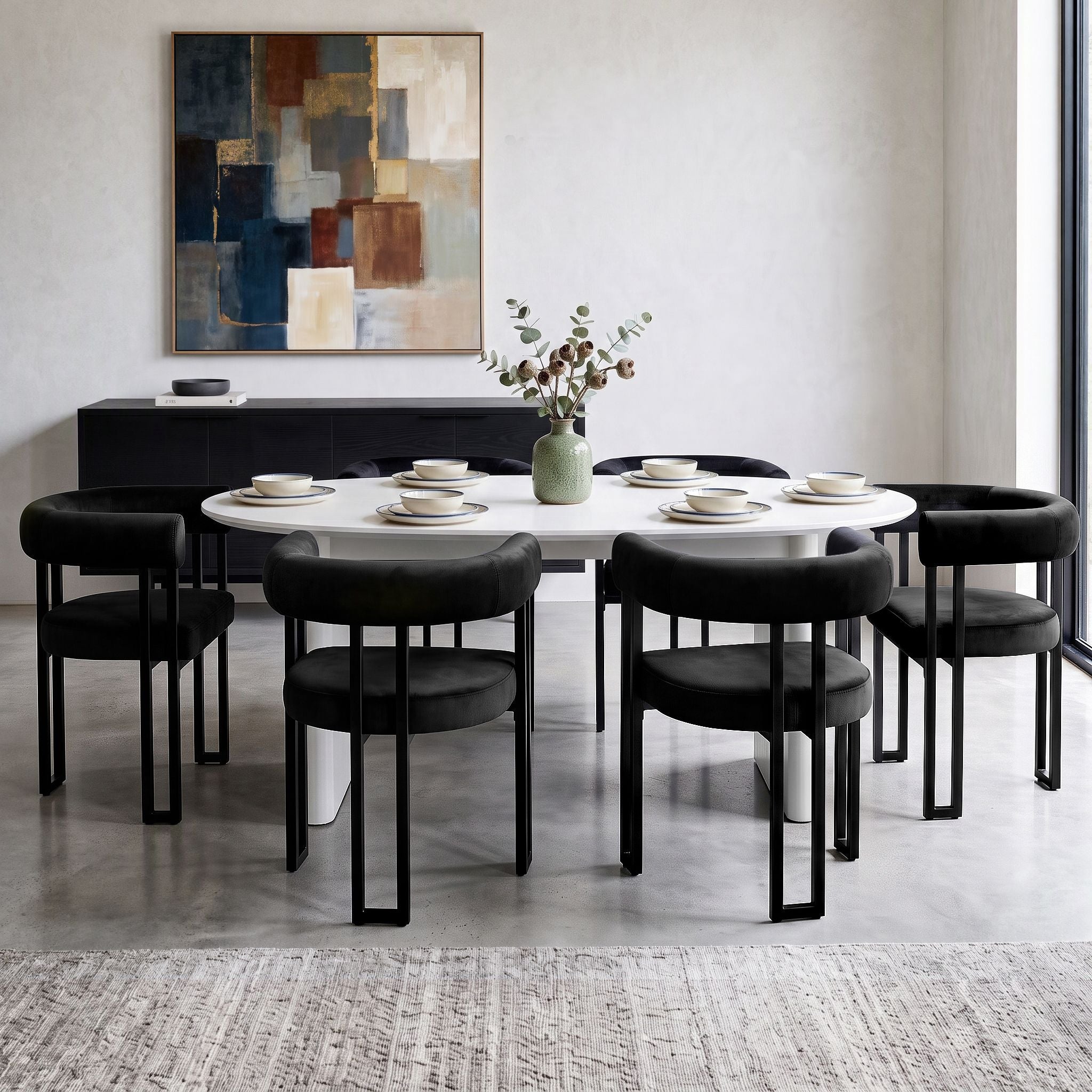 Dining Chairs Set of 6 Velvet Upholstered Barrel Chairs with Curved Armrests & Back Black