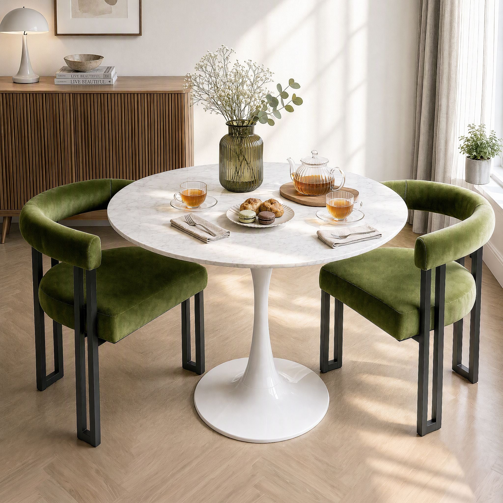 Dining Chairs Set of 2 Velvet Upholstered Barrel Chairs with Curved Armrests & Back Green