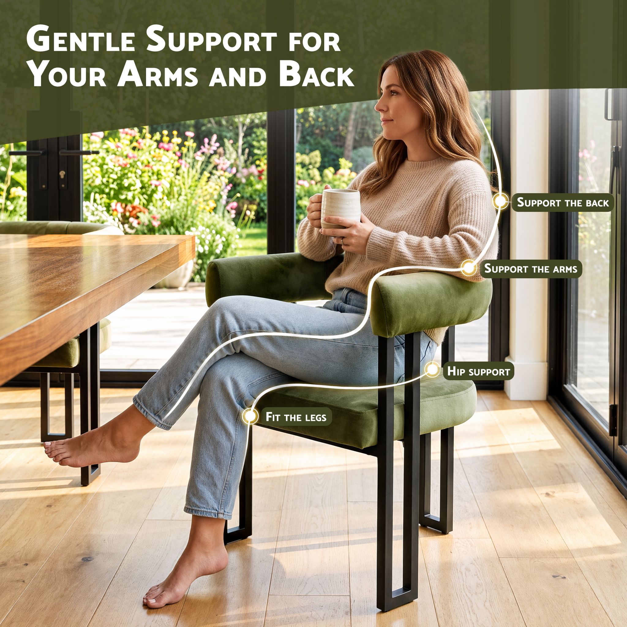 Dining Chairs Set of 2 Velvet Upholstered Barrel Chairs with Curved Armrests & Back Green