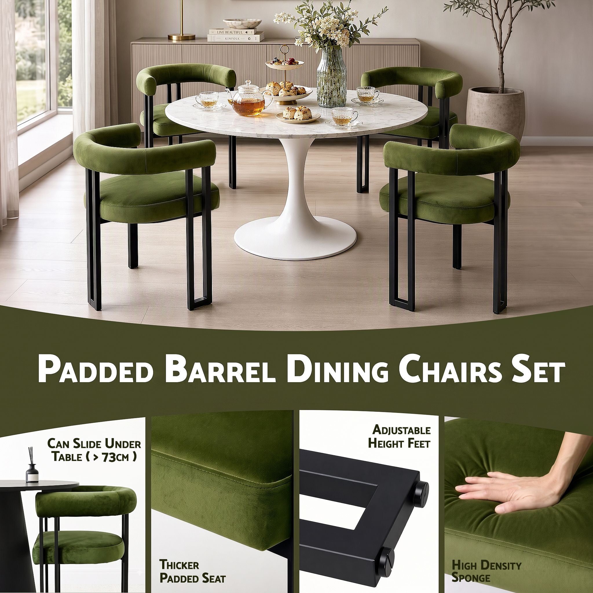 Dining Chairs Set of 2 Velvet Upholstered Barrel Chairs with Curved Armrests & Back Green