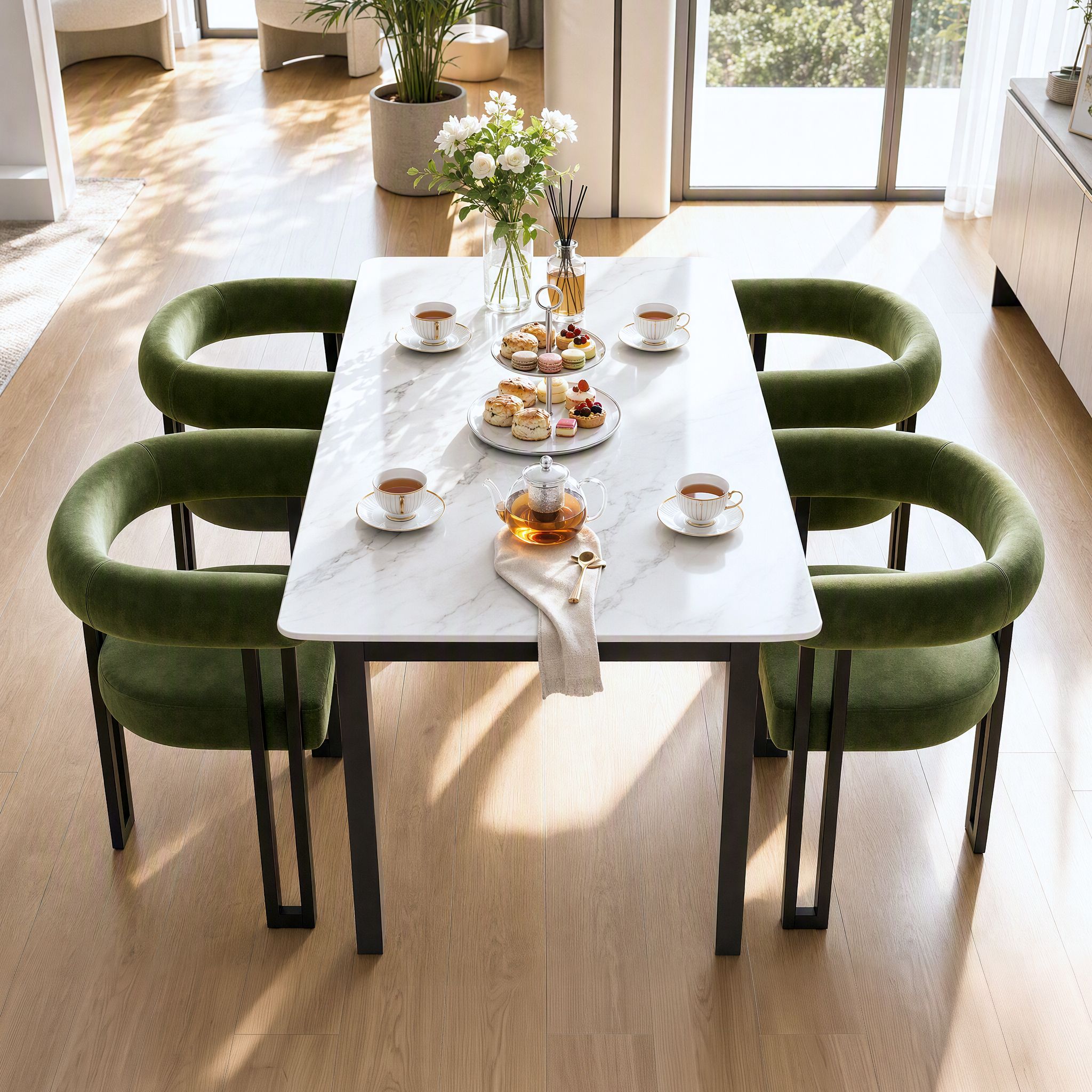Dining Chairs Set of 2 Velvet Upholstered Barrel Chairs with Curved Armrests & Back Green
