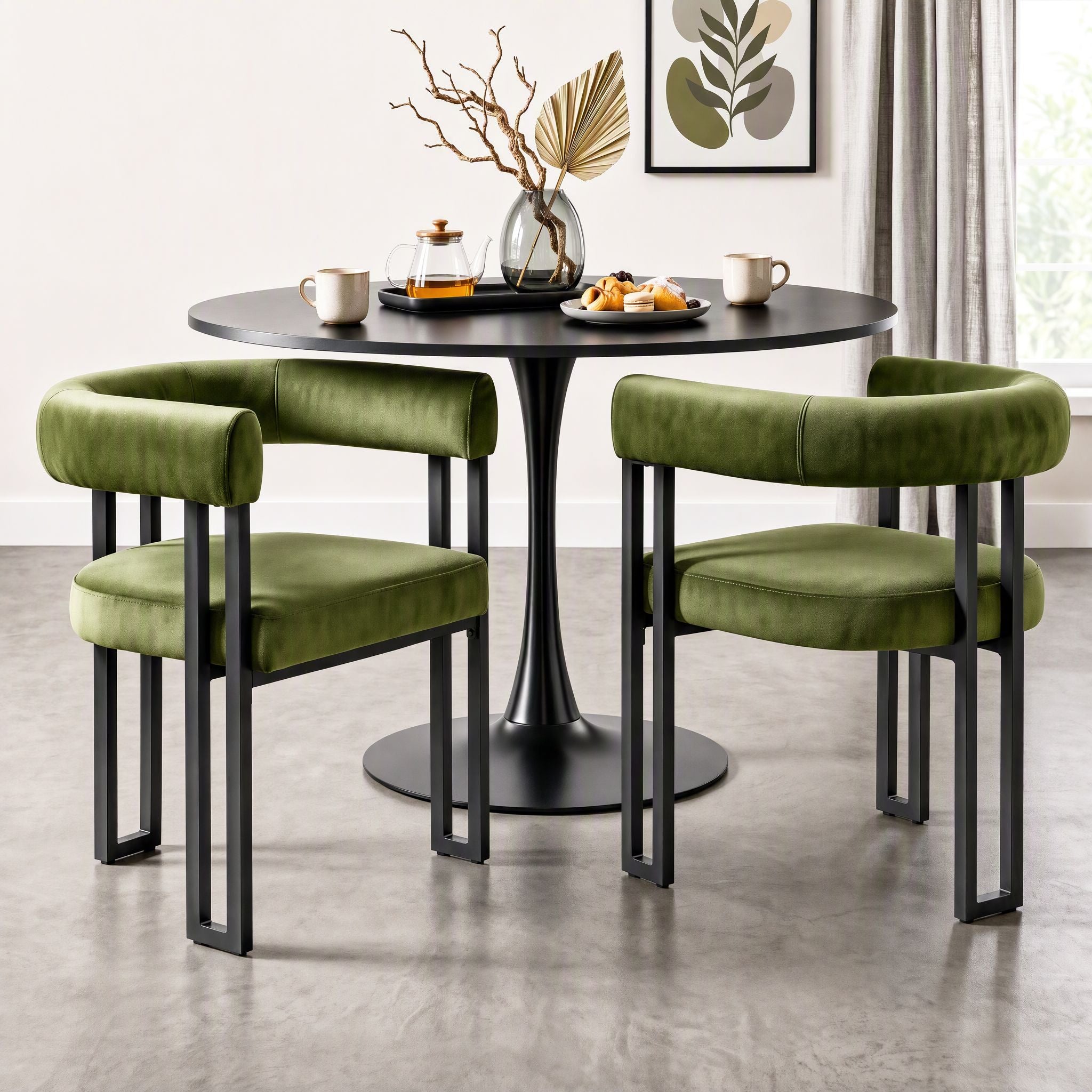 Dining Chairs Set of 2 Velvet Upholstered Barrel Chairs with Curved Armrests & Back Green